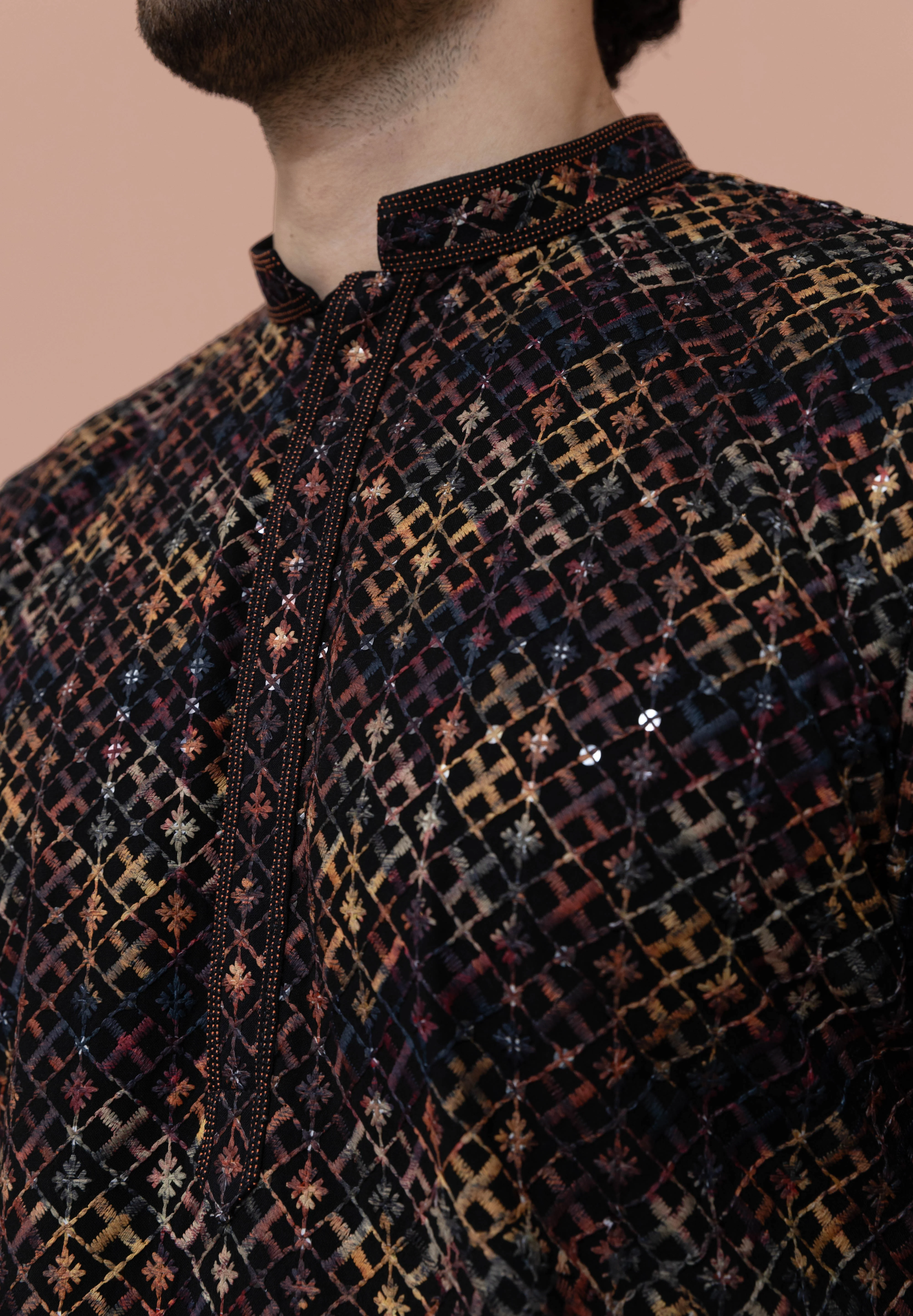 Men Multi Geometric Heavy Thread Work Kurta - Image 5