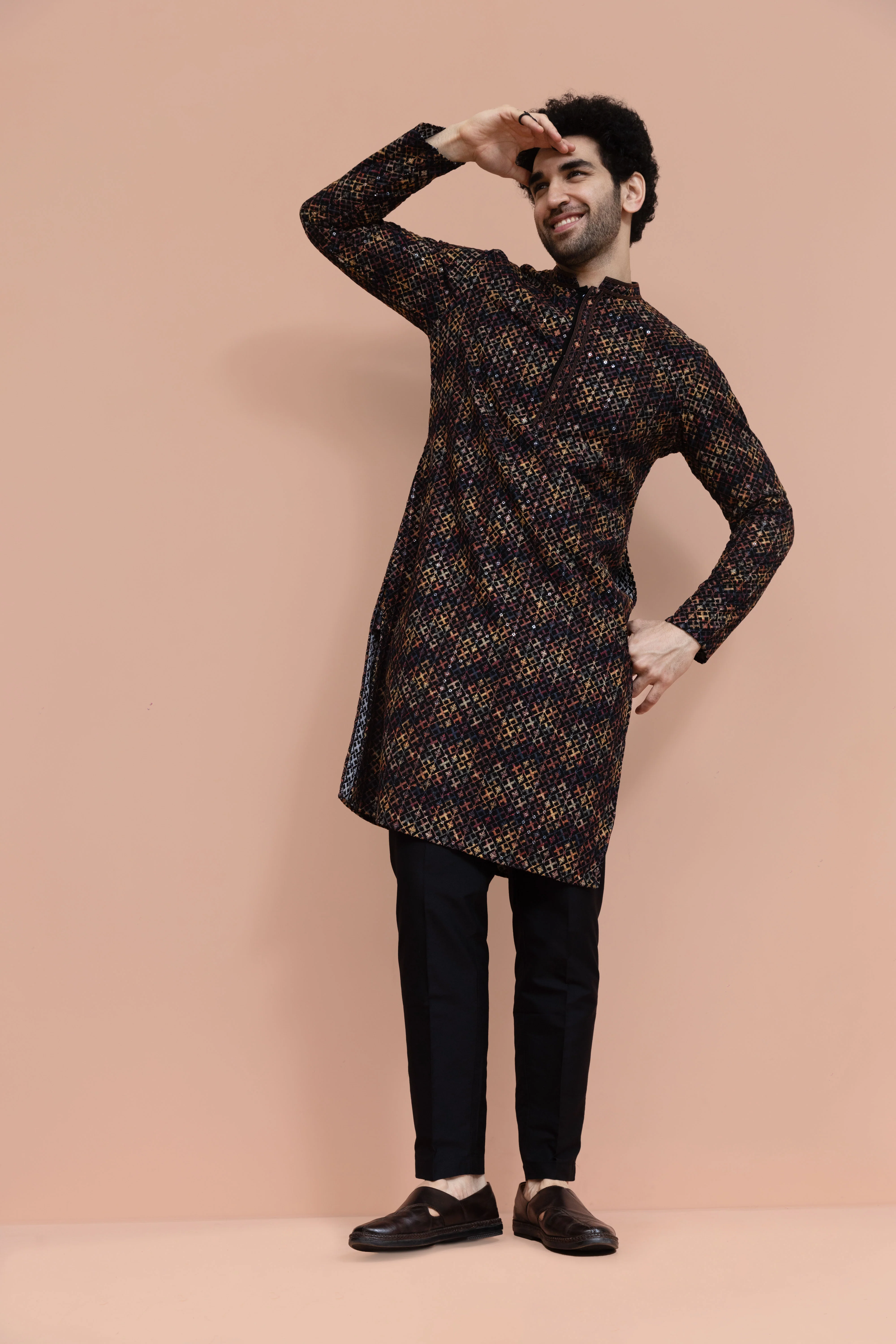Men Multi Geometric Heavy Thread Work Kurta - Image 6