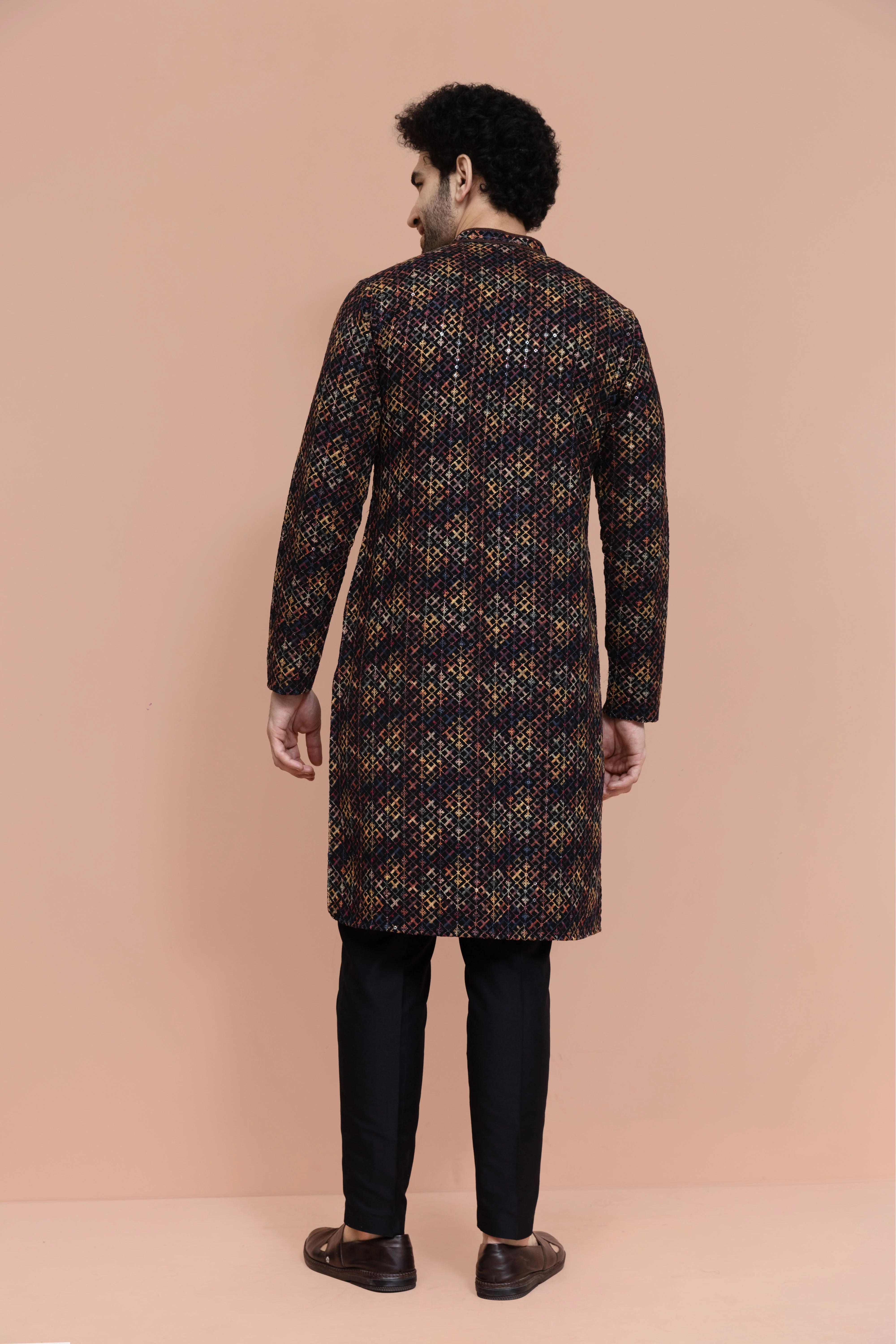 Men Multi Geometric Heavy Thread Work Kurta Trouser Set - Image 4