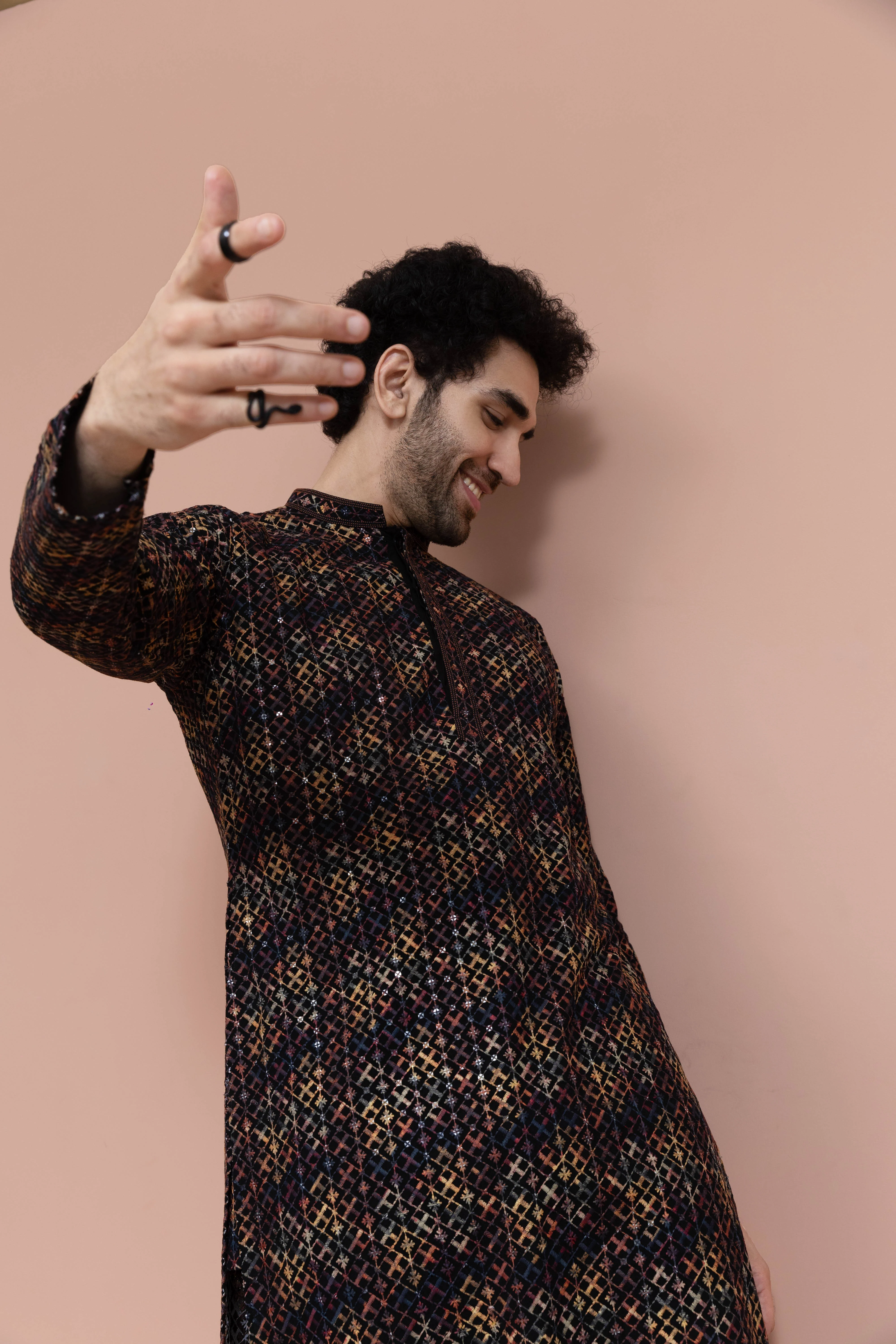 Men Multi Geometric Heavy Thread Work Kurta Trouser Set - Image 7