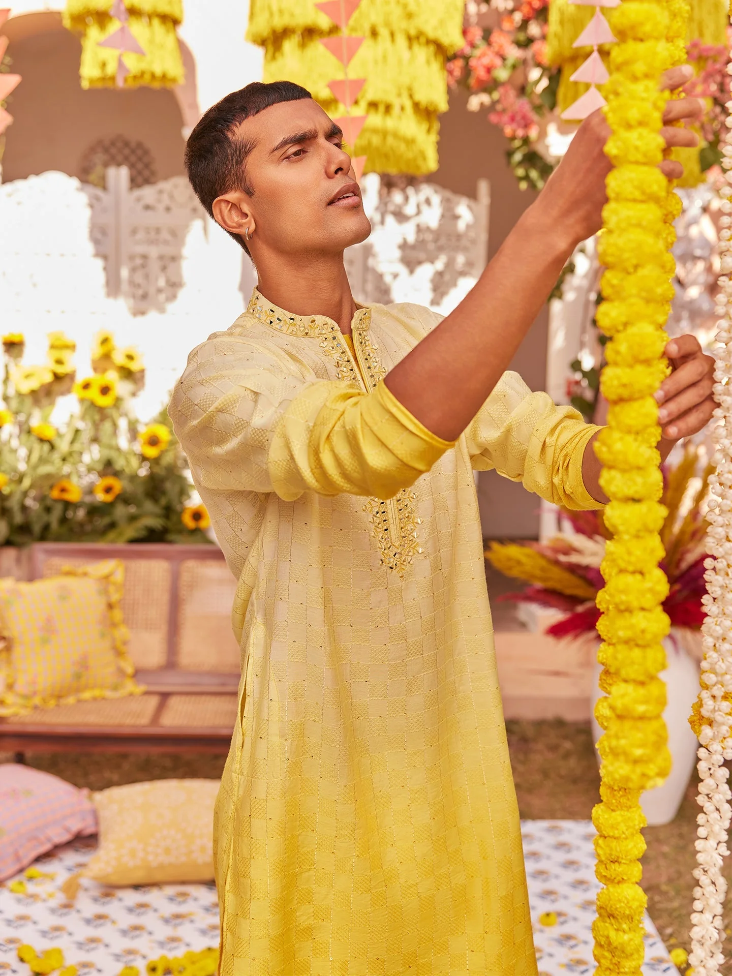Yellow Silk Blend Mirror Work Kurta - Image 10