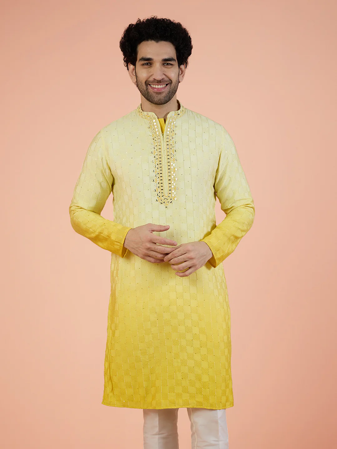 Yellow Silk Blend Mirror Work Kurta - Image 2