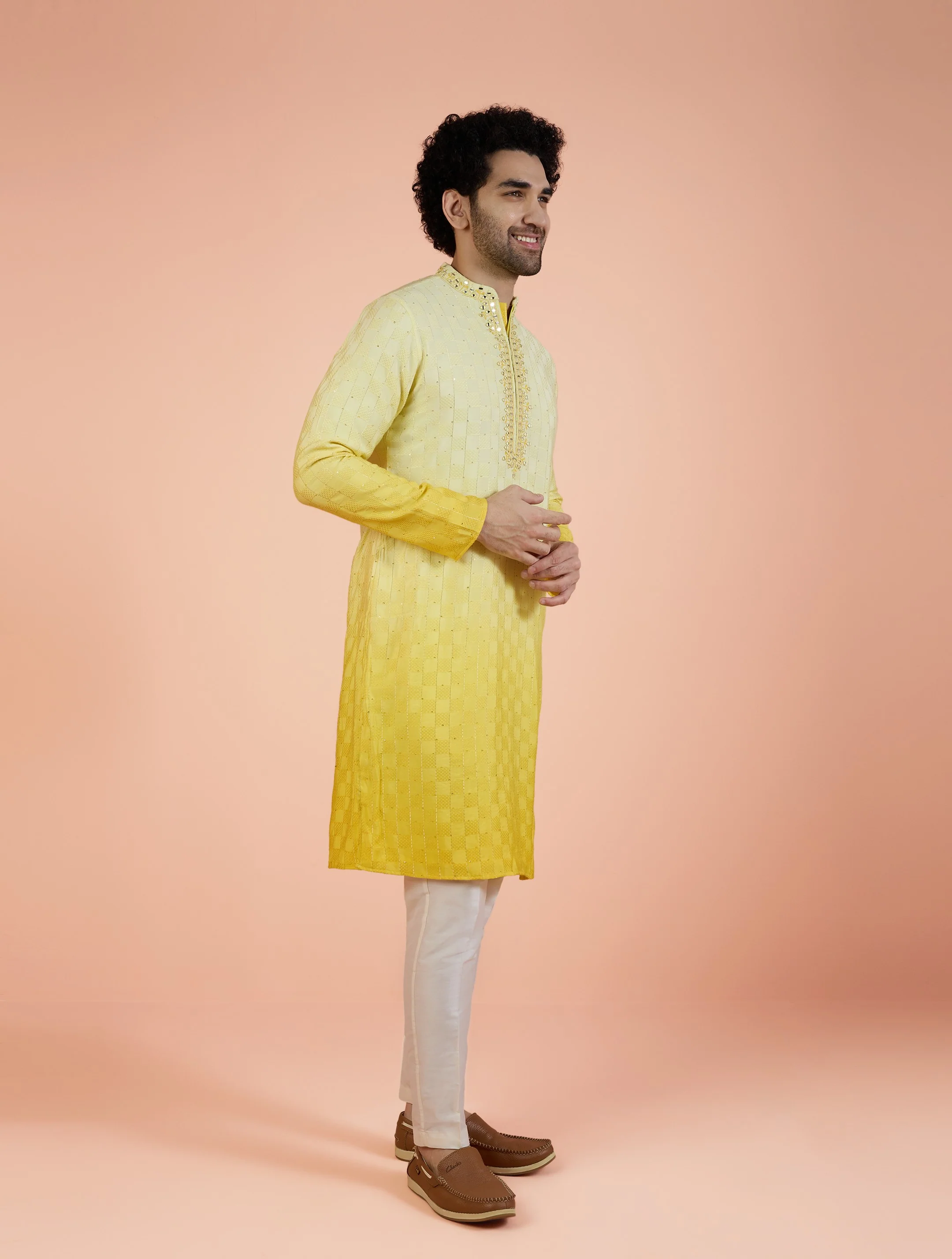Yellow Silk Blend Mirror Work Kurta - Image 3
