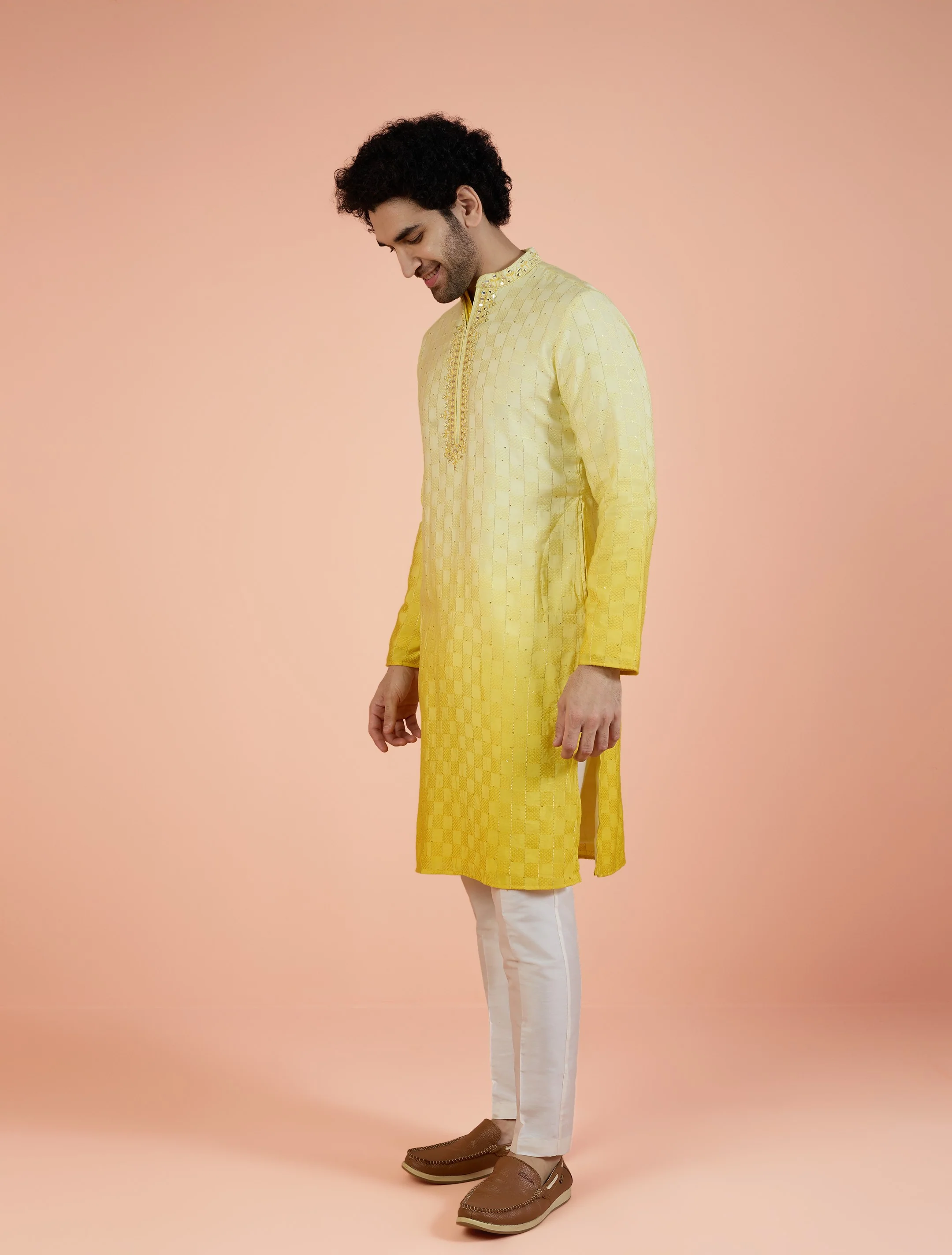 Yellow Silk Blend Mirror Work Kurta - Image 4