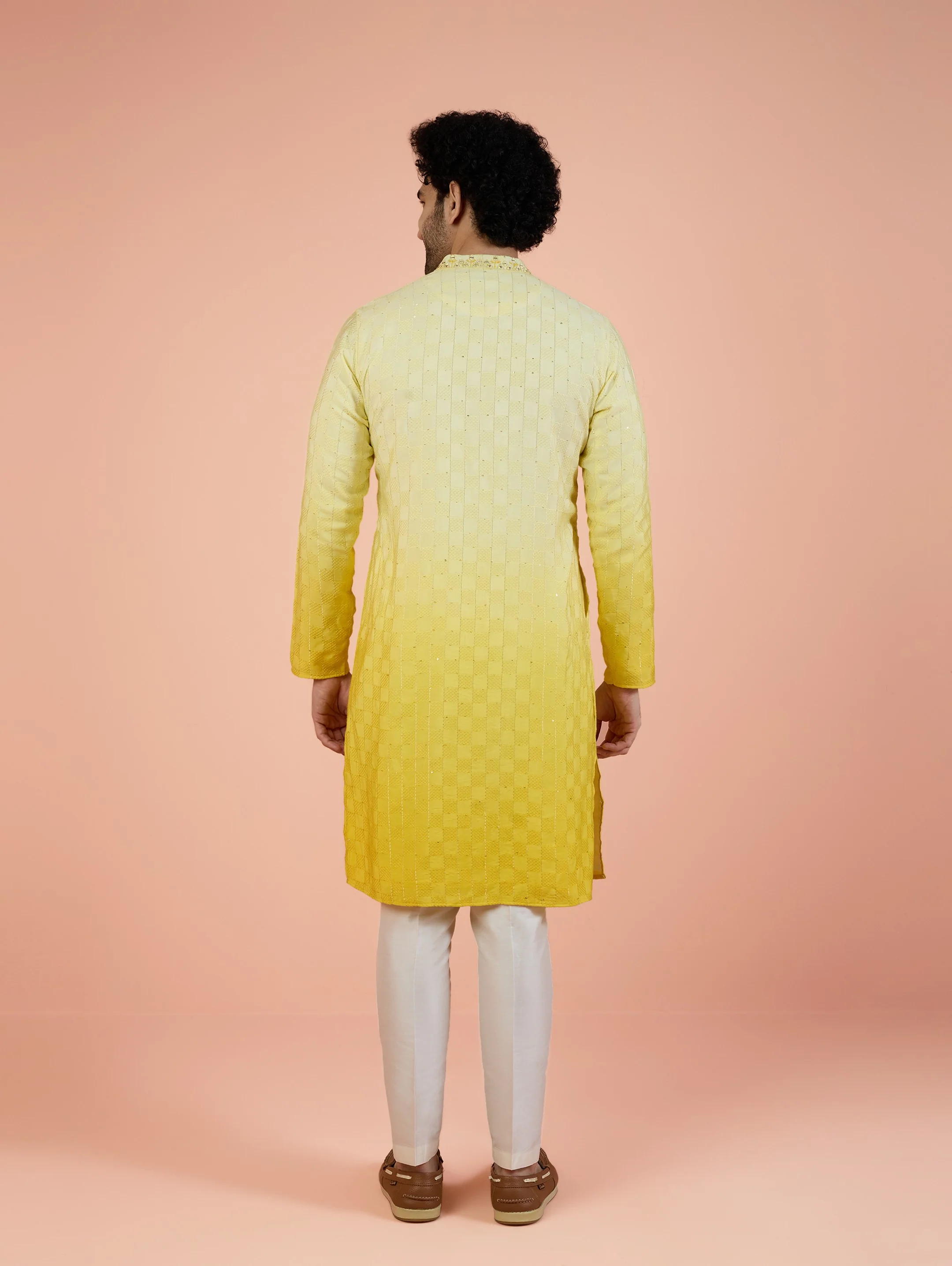 Yellow Silk Blend Mirror Work Kurta - Image 5