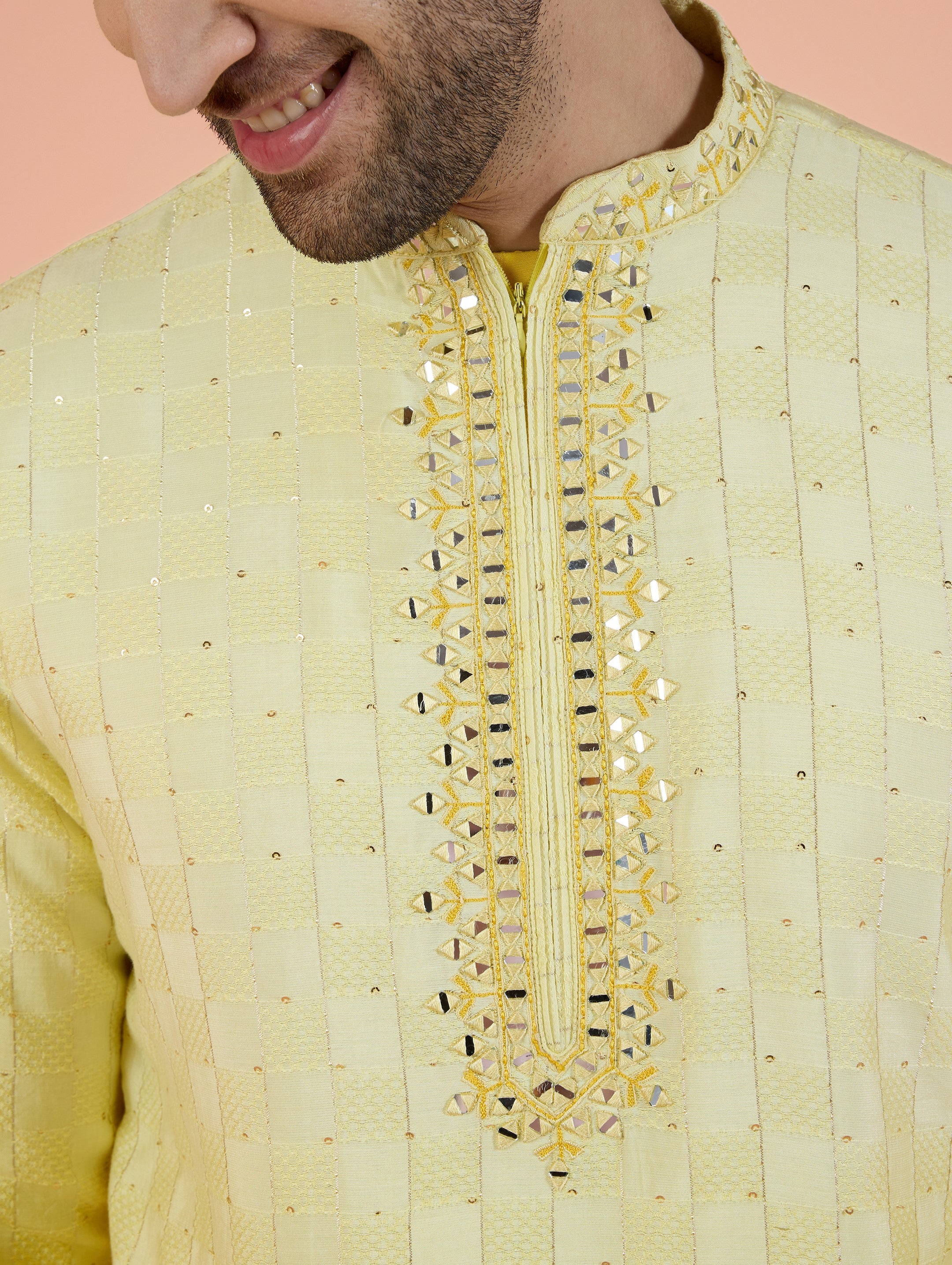 Yellow Silk Blend Mirror Work Kurta - Image 6