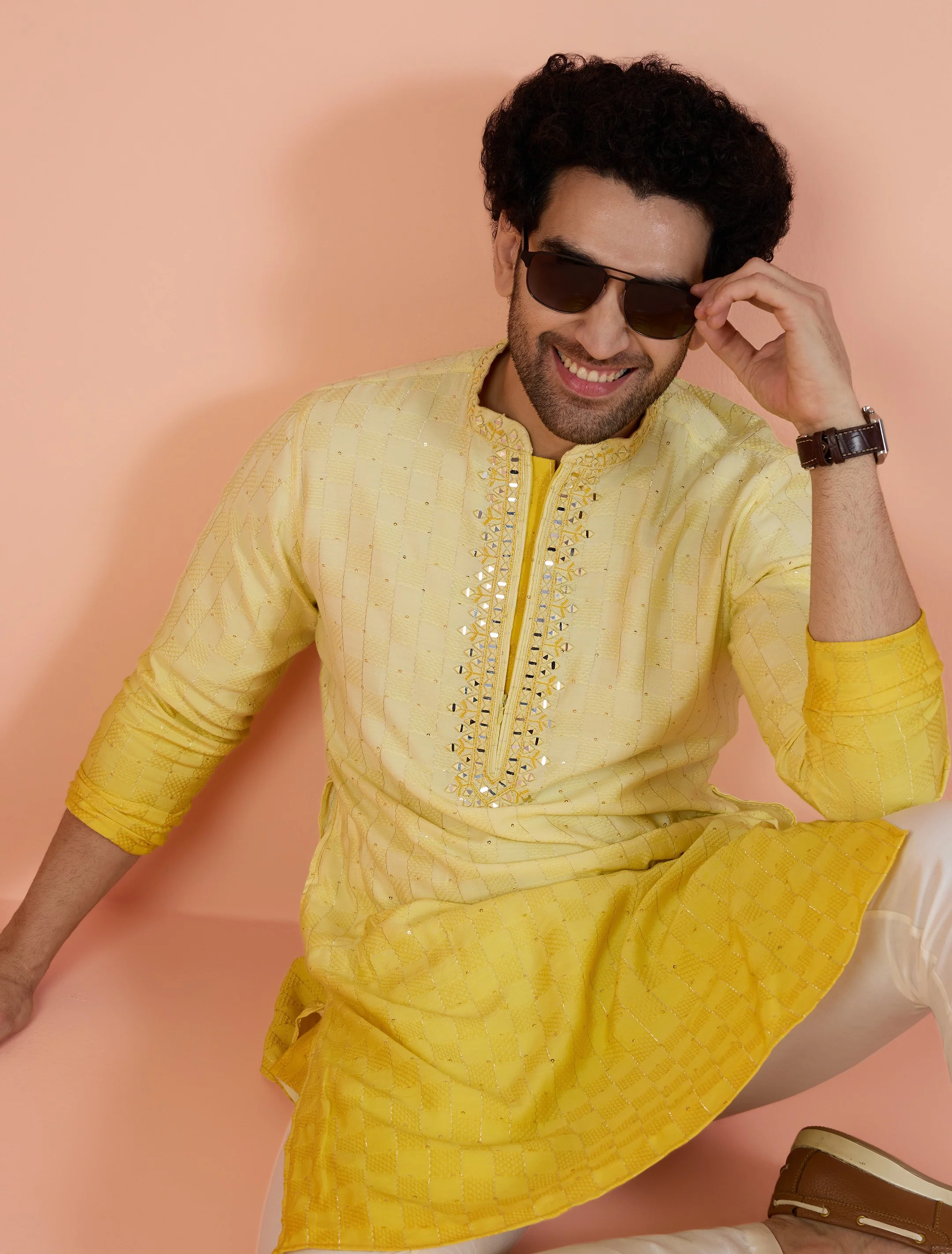 Yellow Silk Blend Mirror Work Kurta - Image 7