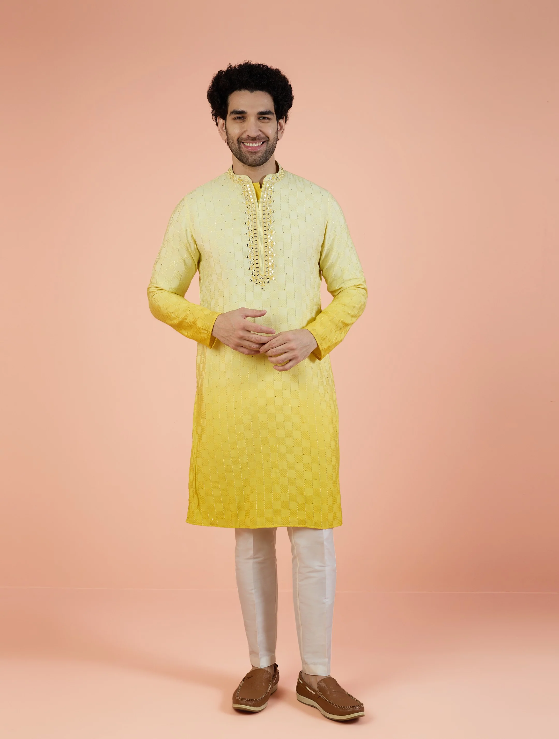Yellow Silk Blend Mirror Work Kurta - Image 9