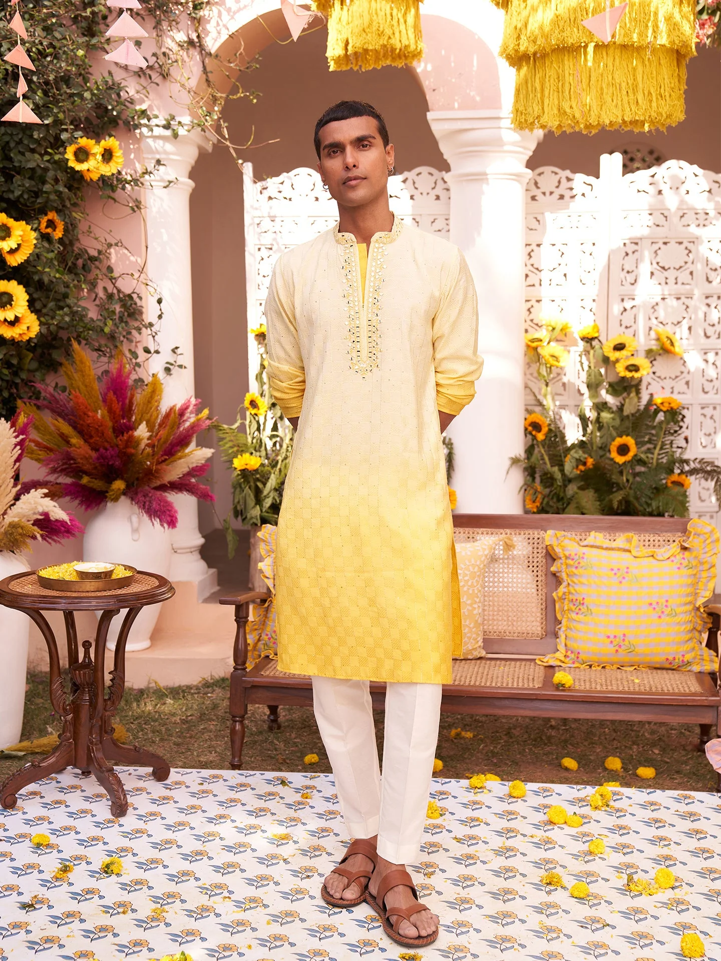 Yellow Silk Blend Mirror Work Ombre Kurta Trouser Set - Image 10