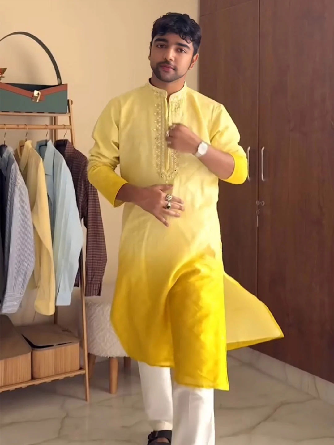 Yellow Silk Blend Mirror Work Ombre Kurta Trouser Set - Image 11