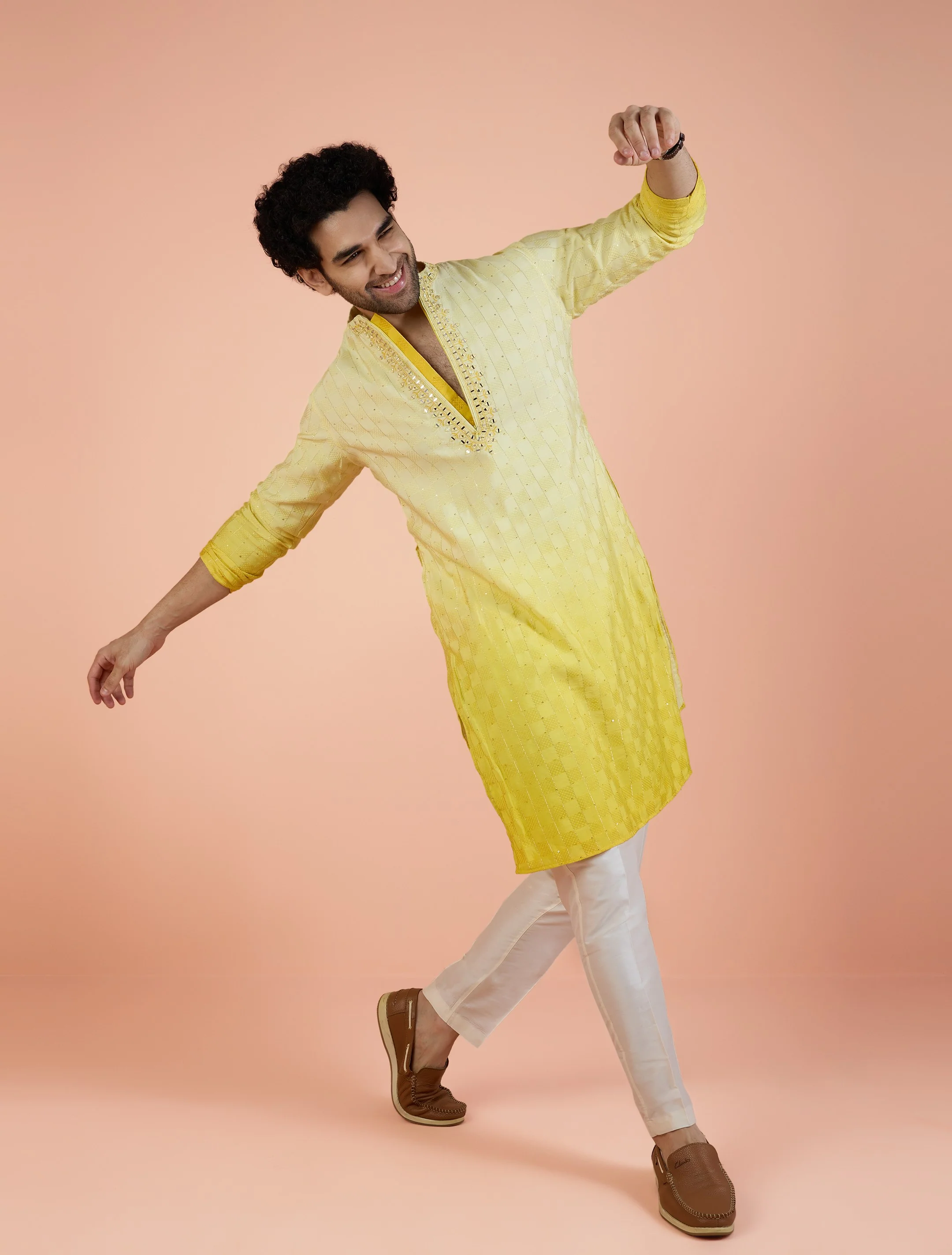 Yellow Silk Blend Mirror Work Ombre Kurta Trouser Set - Image 8
