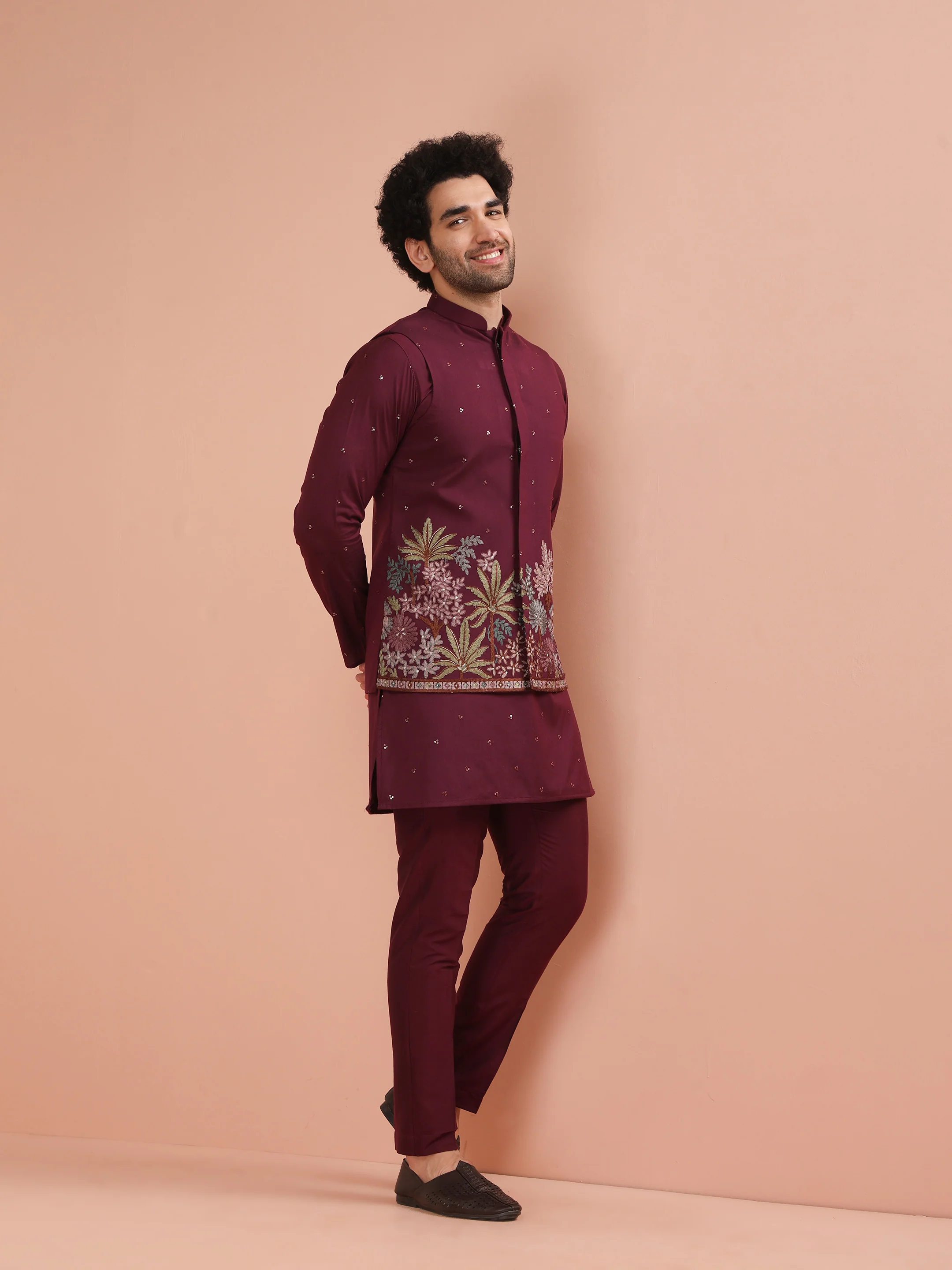 Wine Embroidered Floral Jacket Kurta Trouser Set - Image 3