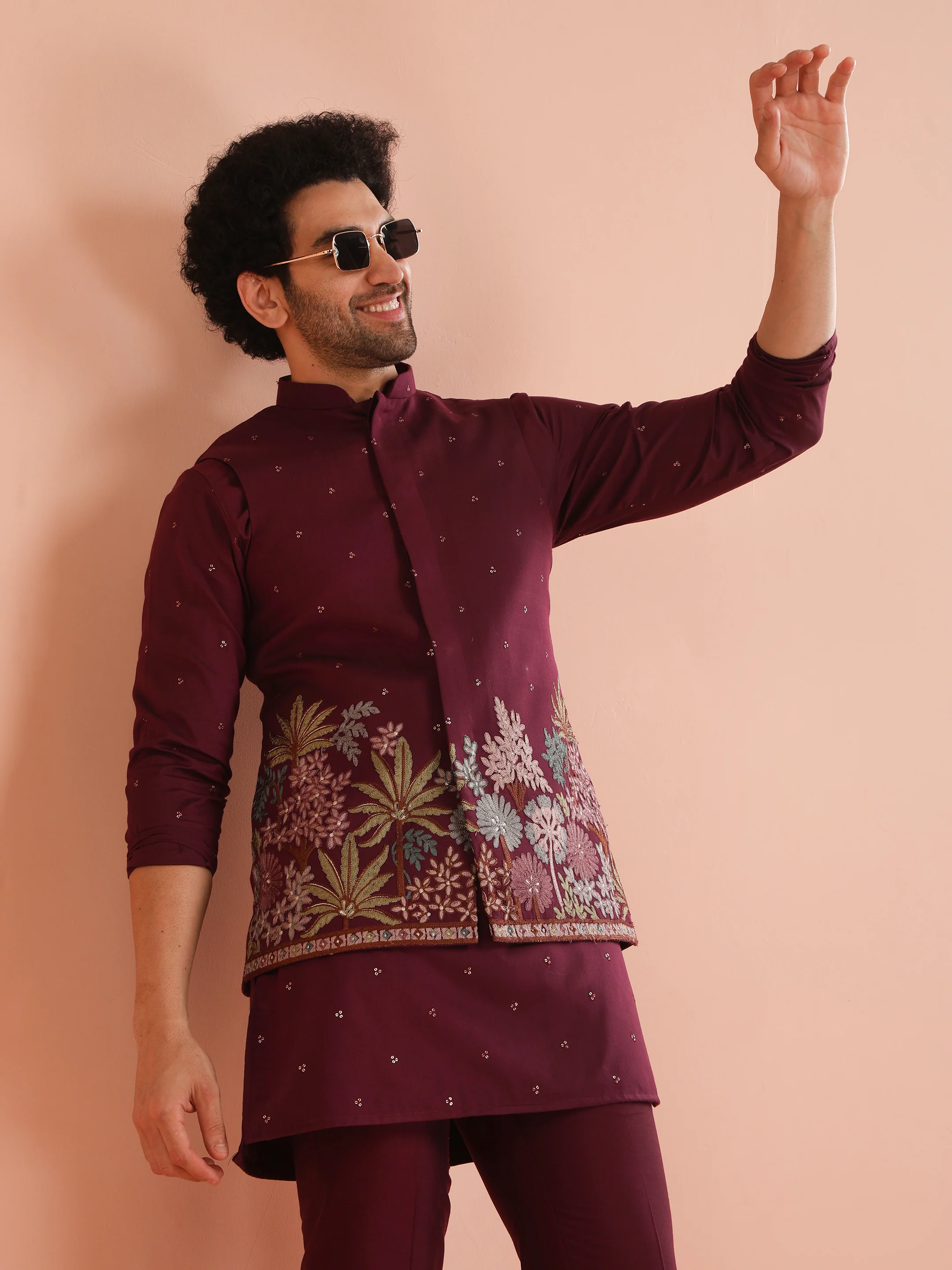 Wine Embroidered Floral Jacket Kurta Trouser Set - Image 6