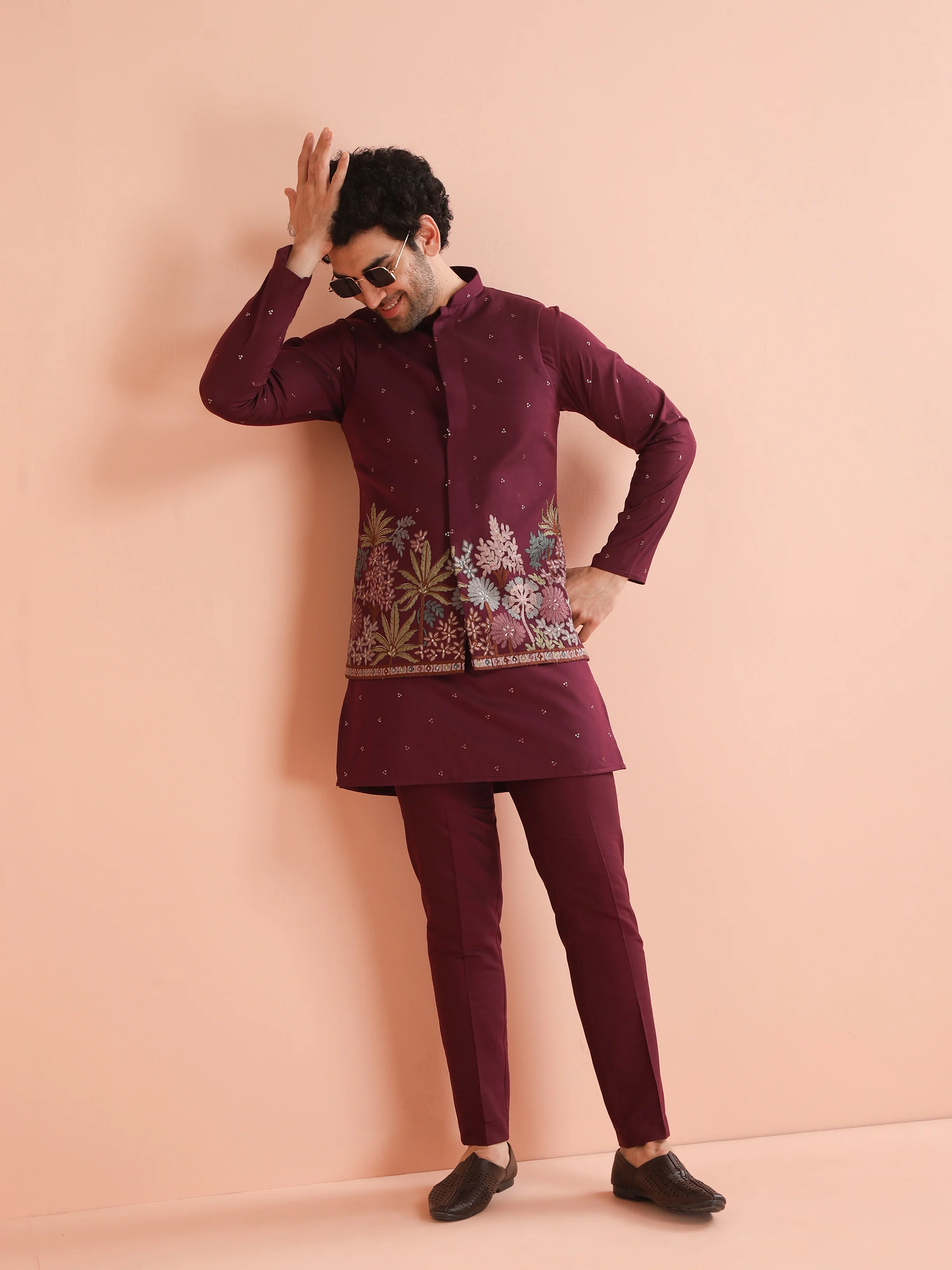 Wine Embroidered Floral Jacket Kurta Trouser Set - Image 8