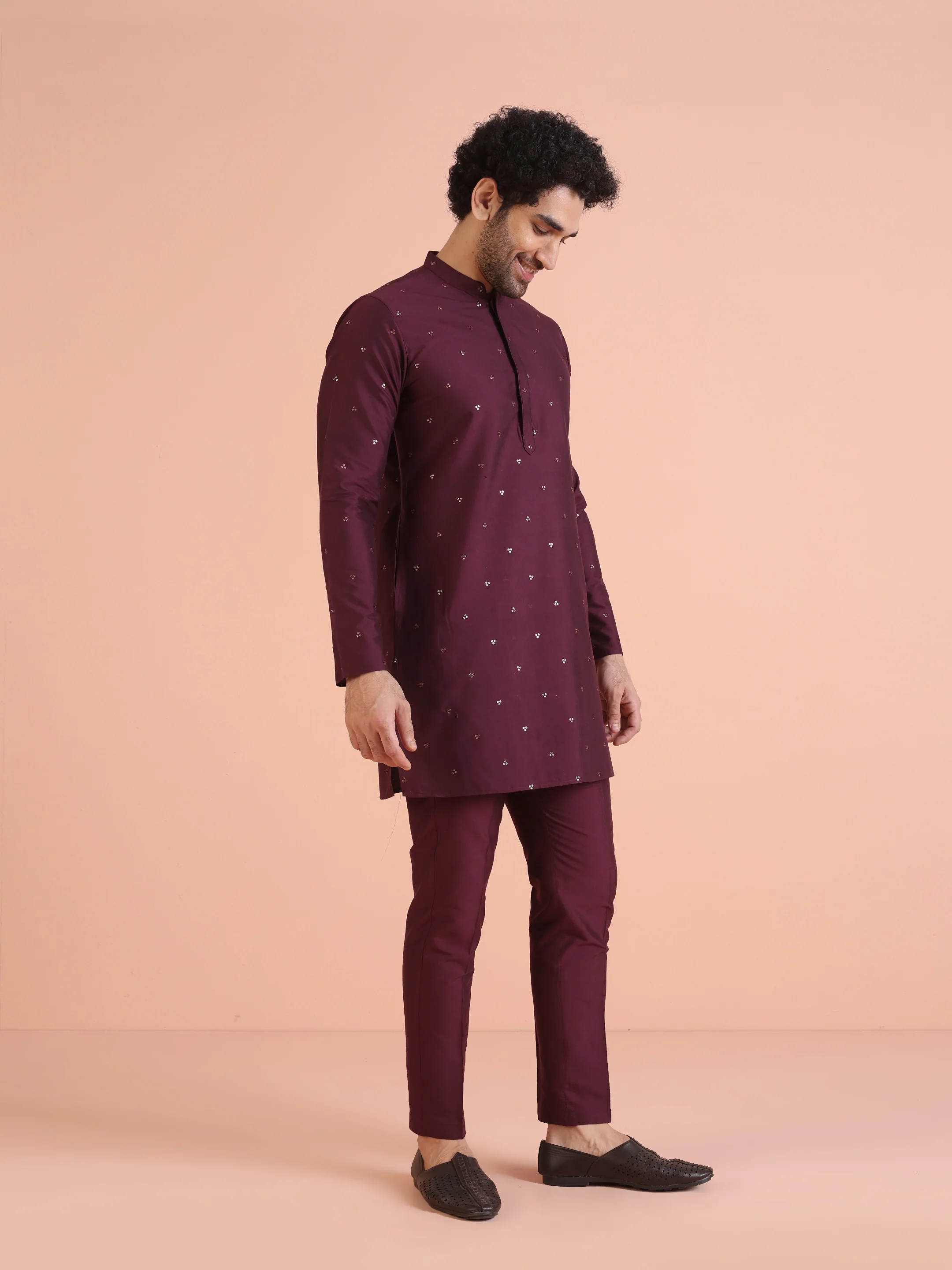 Men Wine Embellished Kurta with Sequined - Image 2