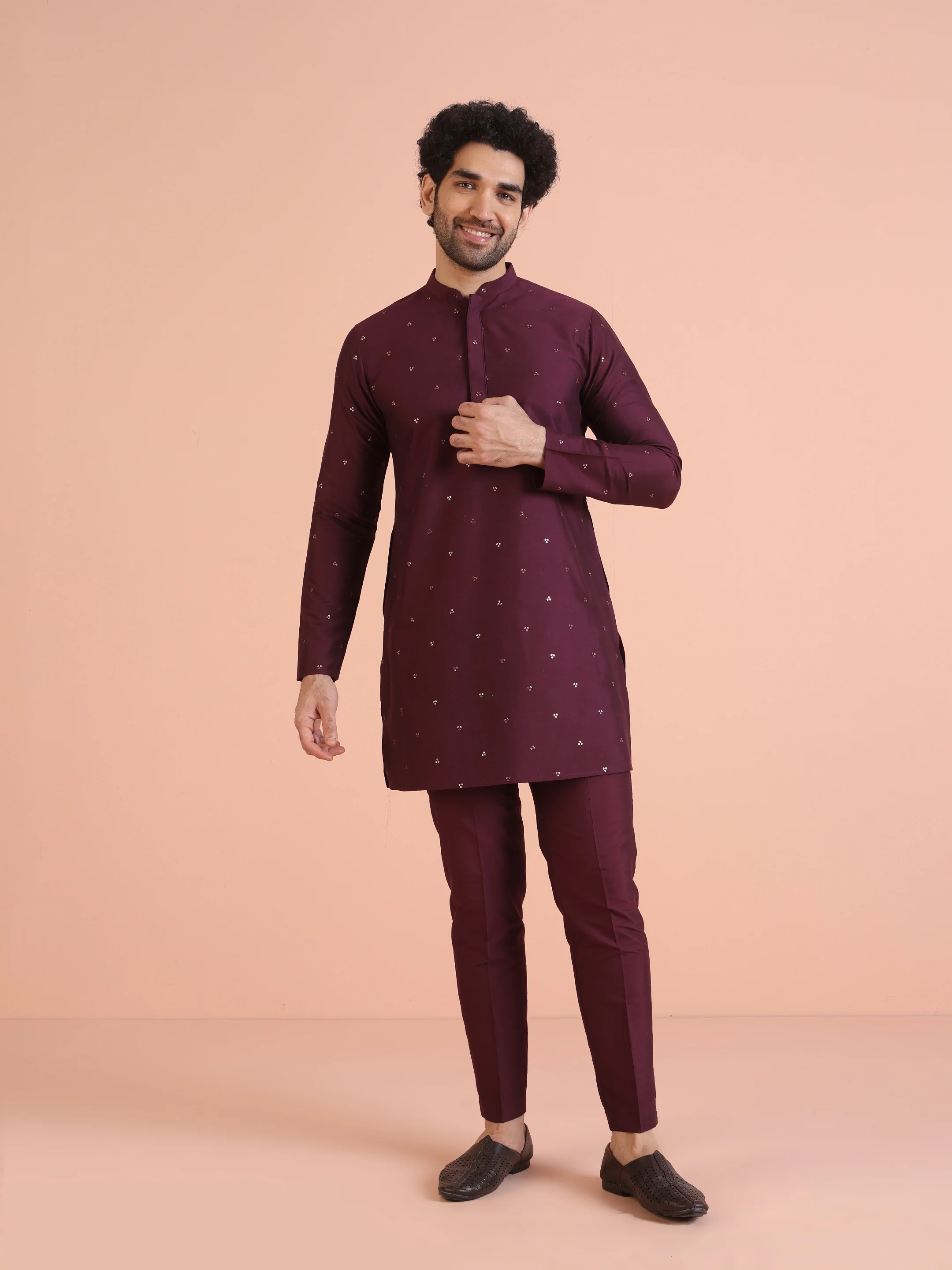 Men Wine Embellished Kurta with Sequined - Image 6
