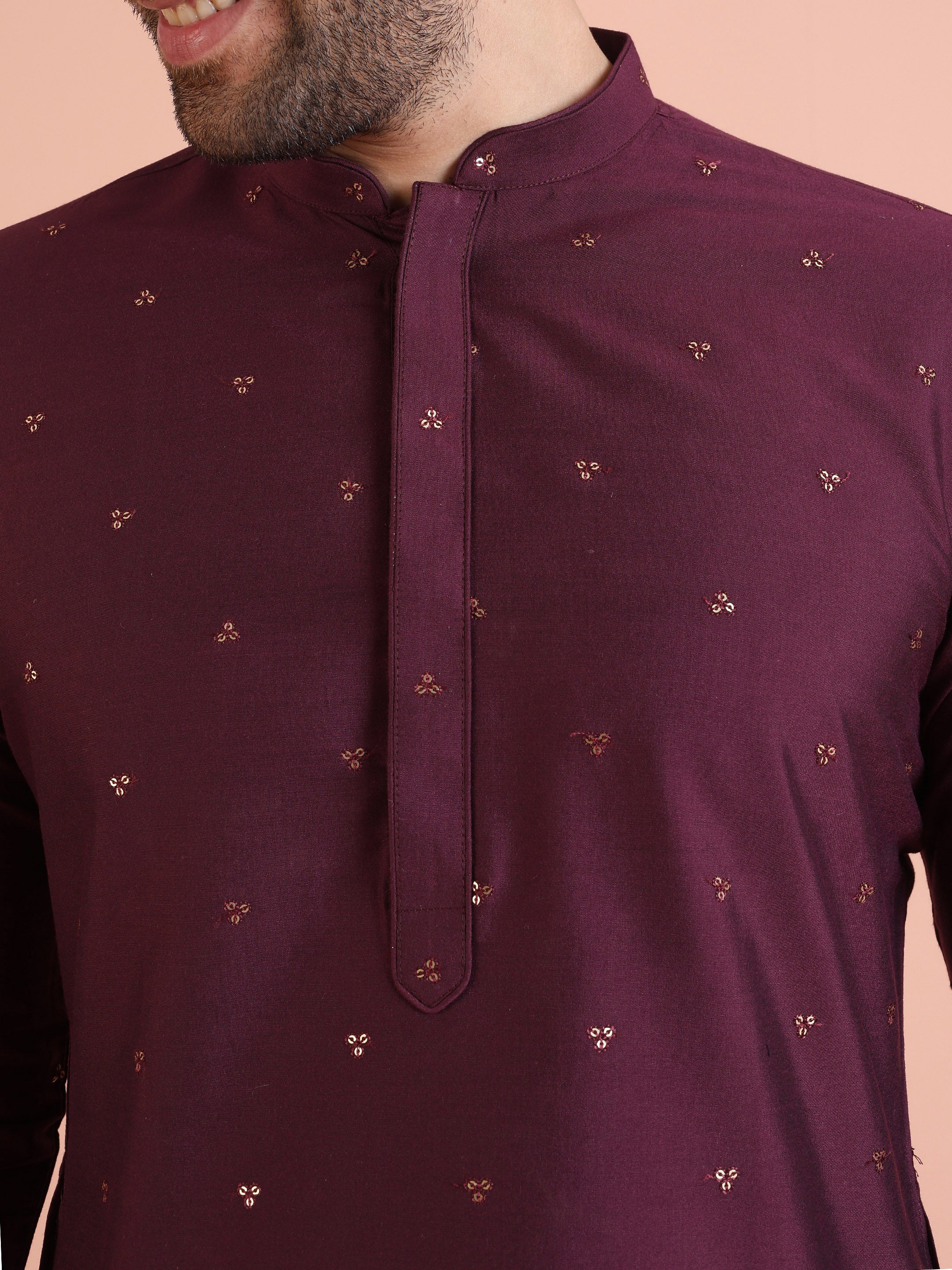 Men Wine Embellished Sequinned Kurta Trouser Set - Image 5
