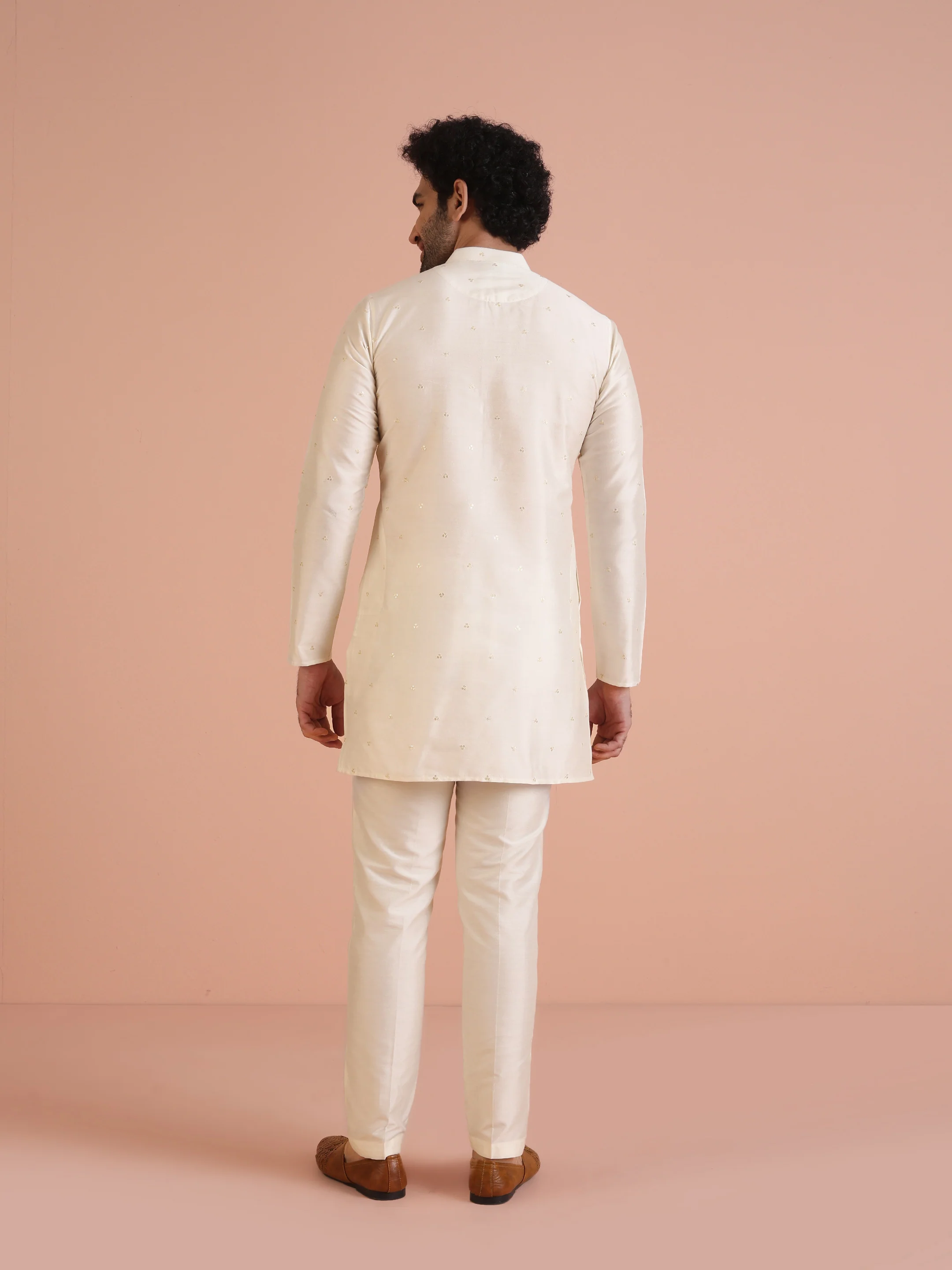 Men Off White Embroidered Sequinned Mid Kurta Trouser Set - Image 4