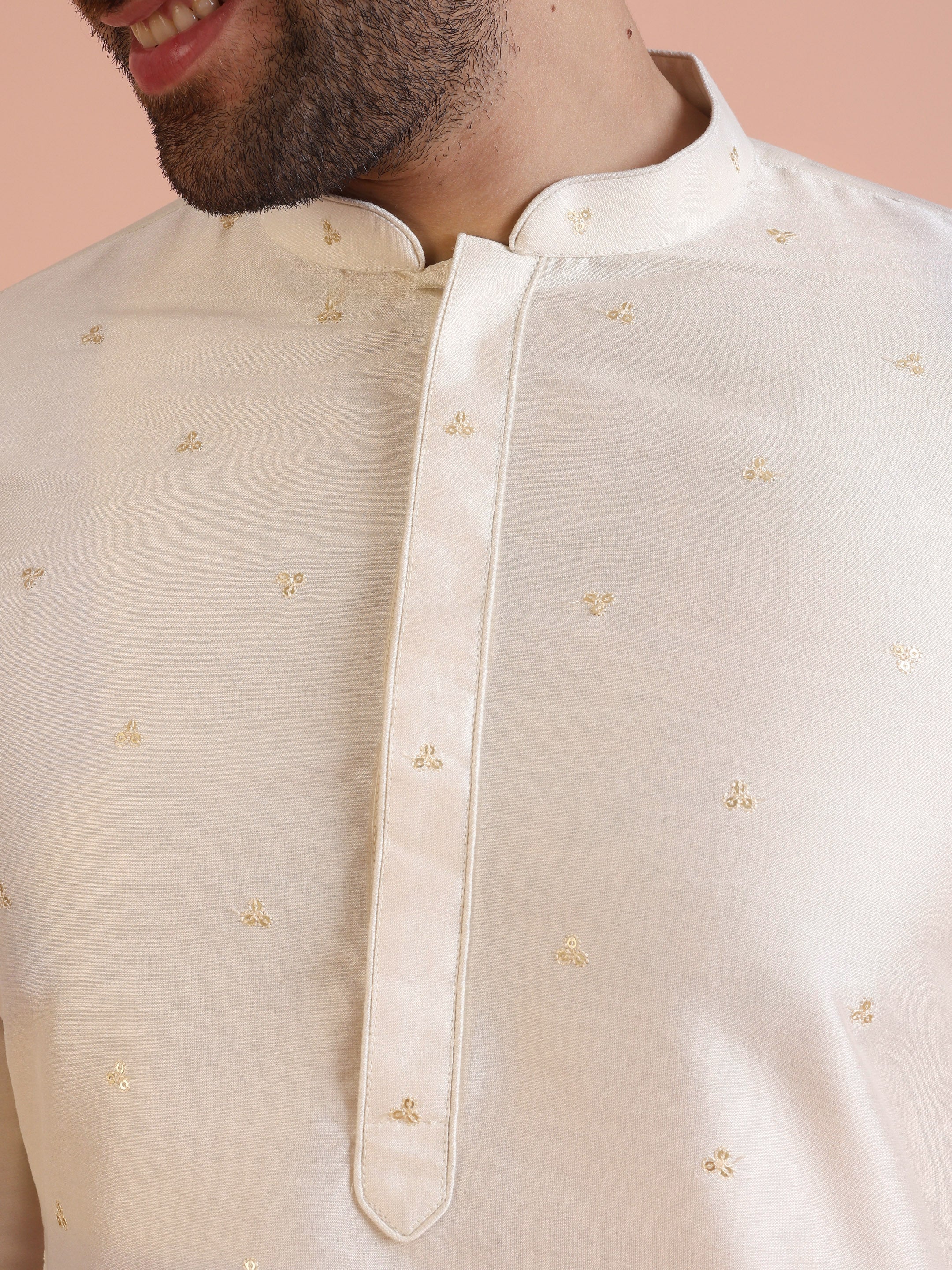 Men Off White Embroidered Sequinned Mid Kurta Trouser Set - Image 5