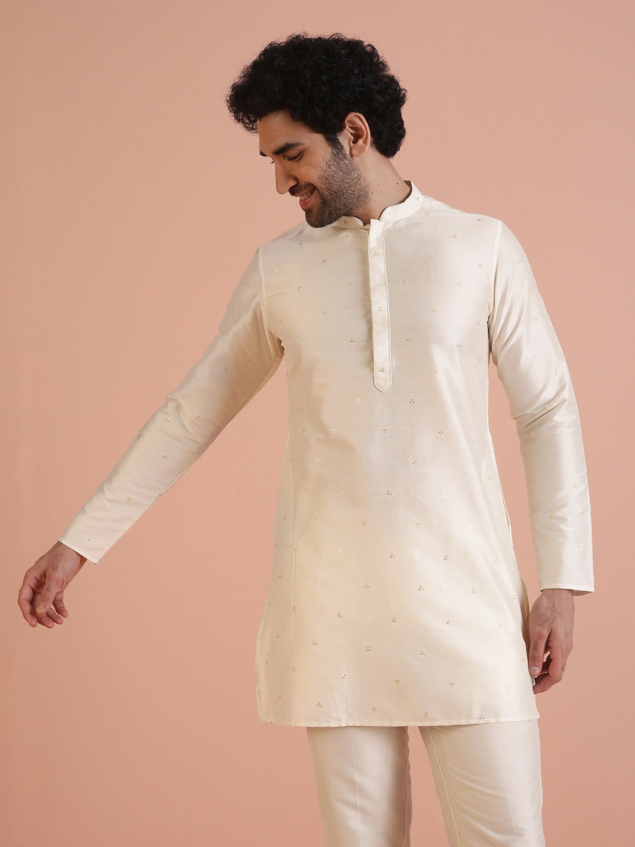 Men Off White Embroidered Sequinned Mid Kurta Trouser Set - Image 7
