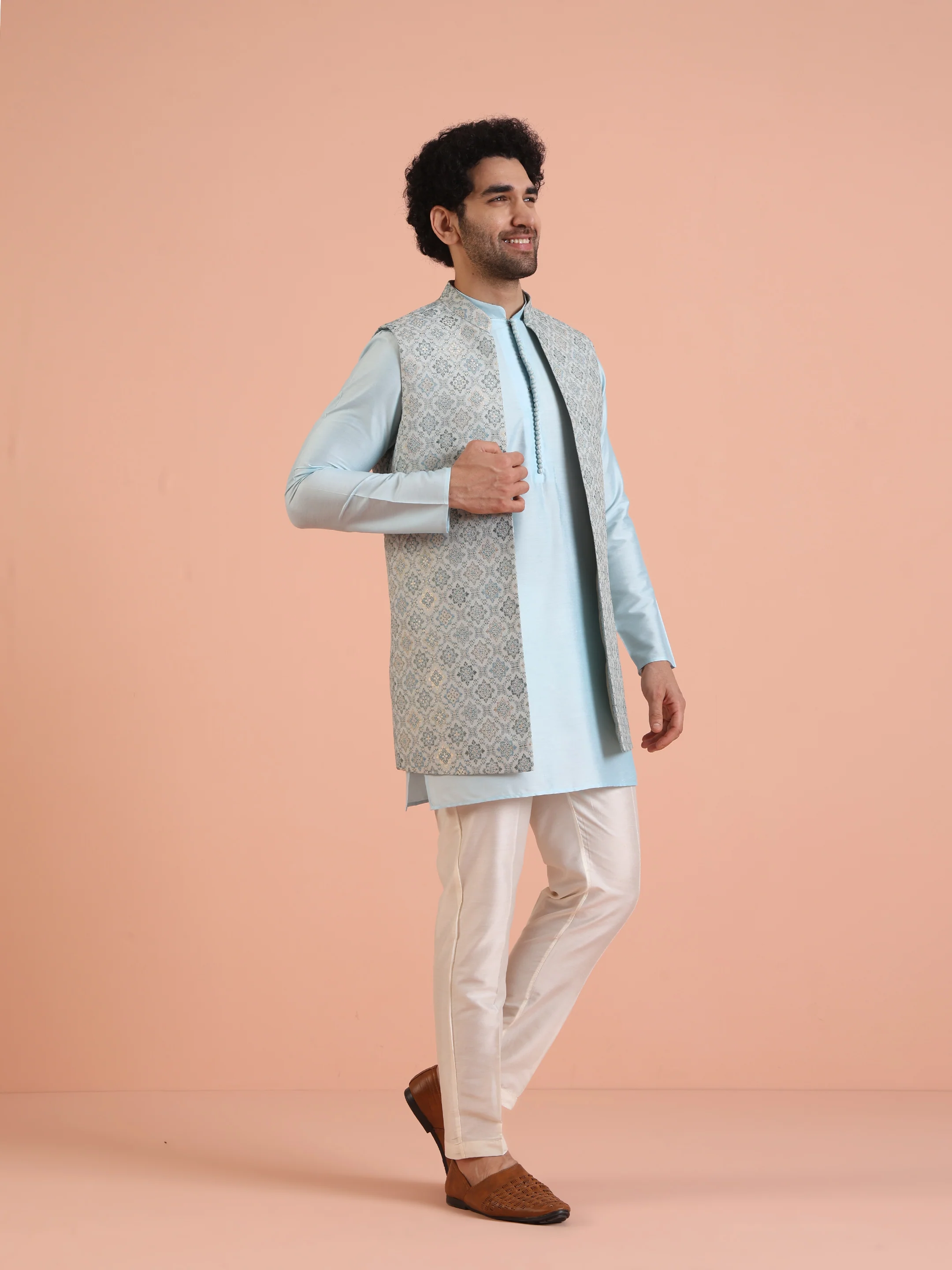 Light Blue Jacquard Nehru Jacket Kurta Set - Image 2