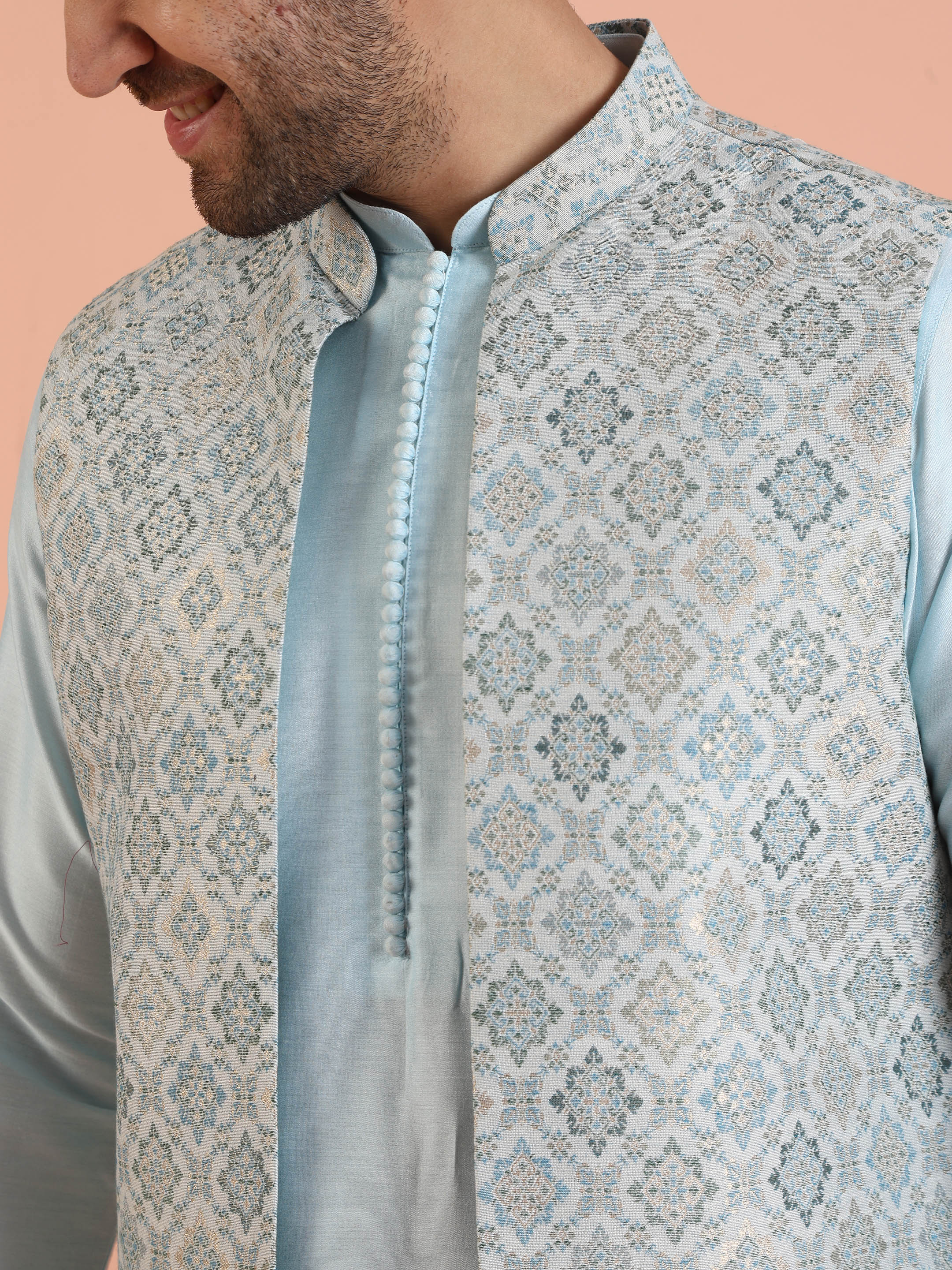 Light Blue Jacquard Nehru Jacket Kurta Set - Image 5