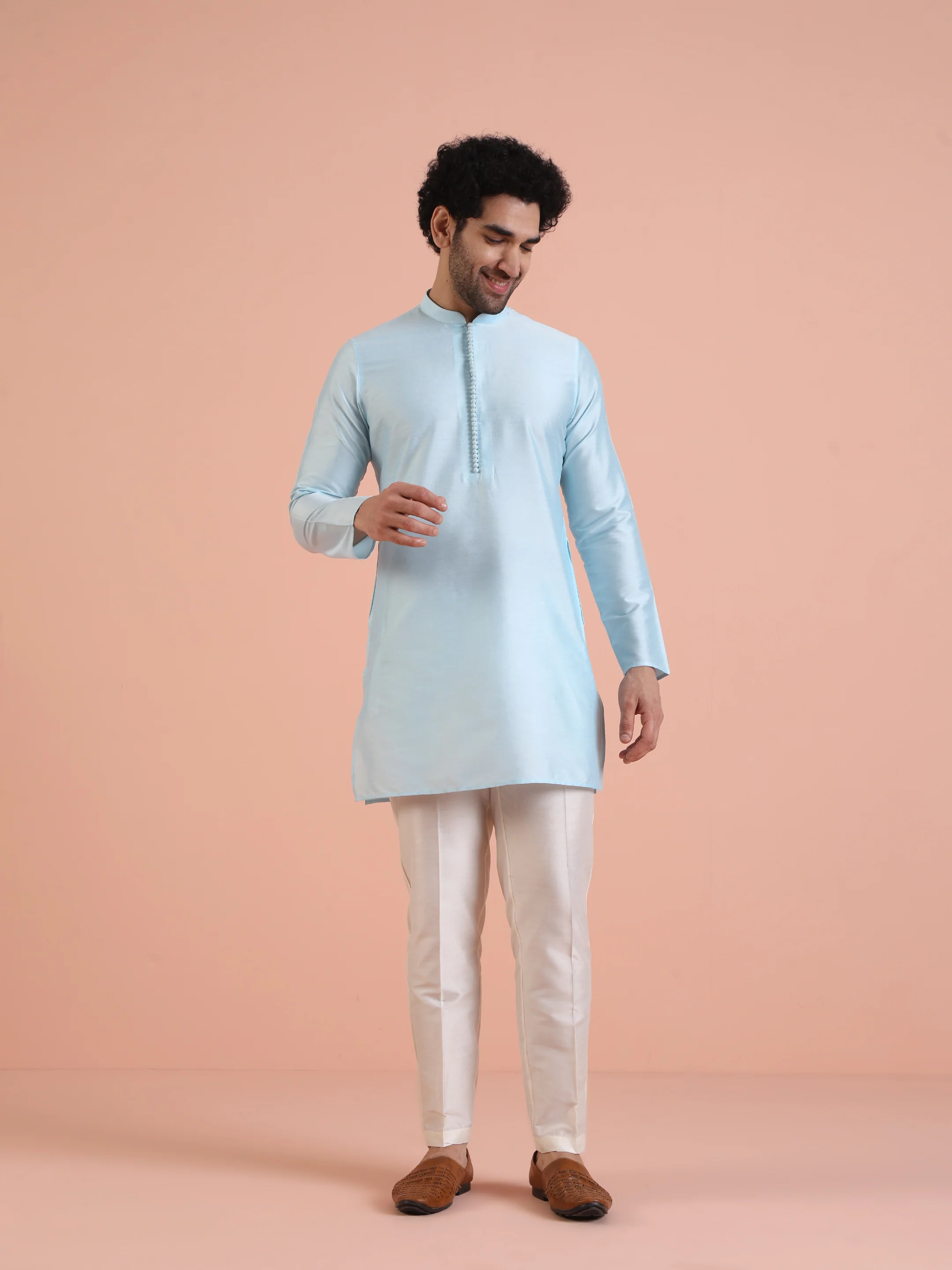 Light Blue Jacquard Nehru Jacket Kurta Set - Image 7