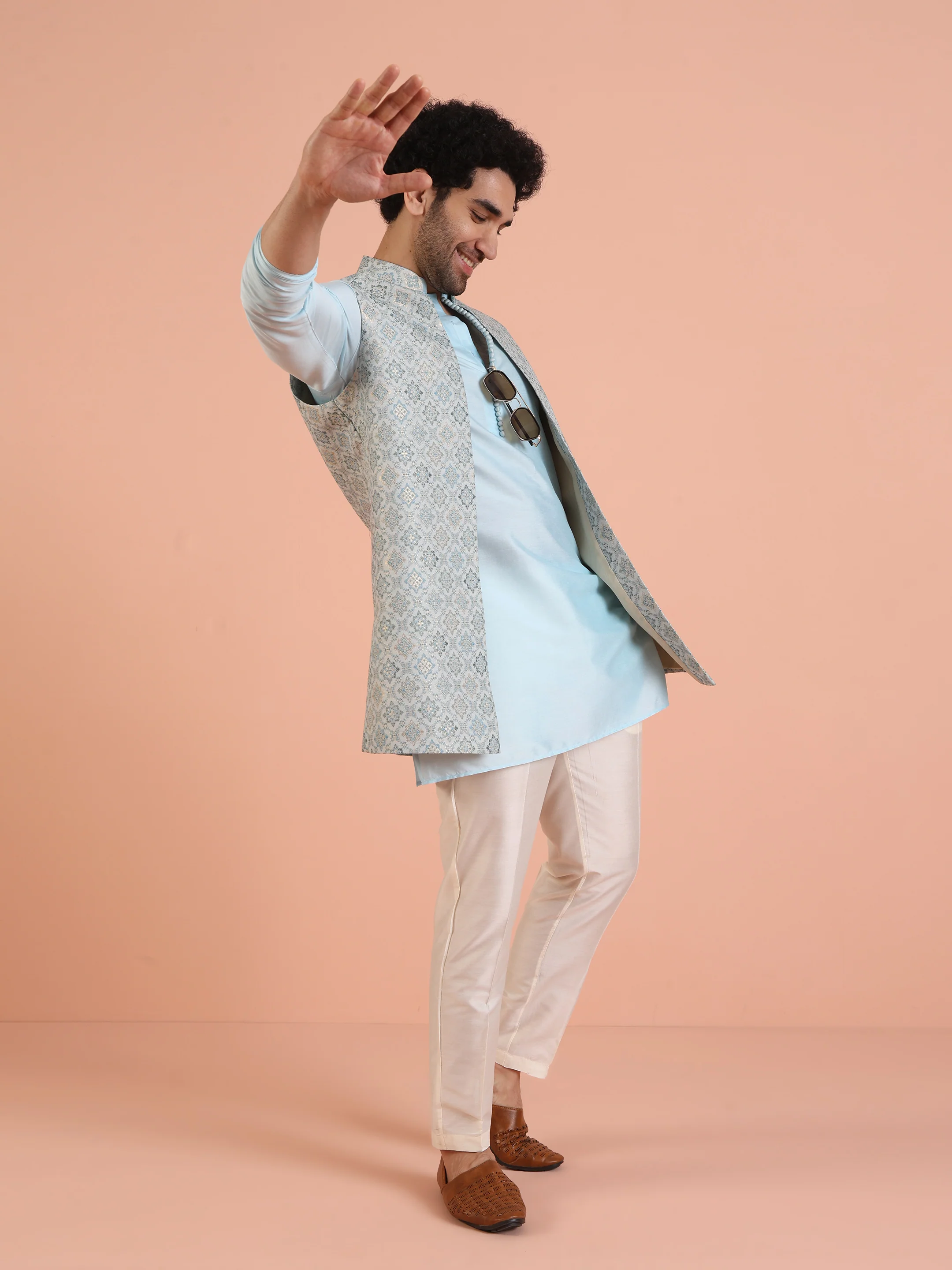 Light Blue Jacquard Nehru Jacket Kurta Set - Image 8