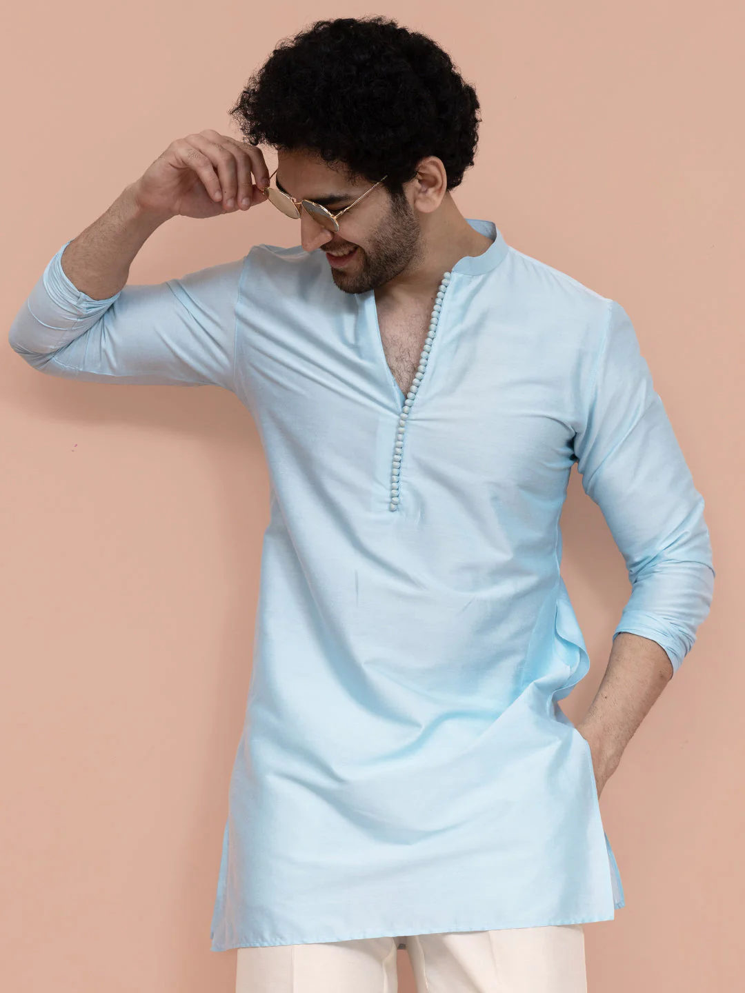Men Blue Solid Kurta - Image 8
