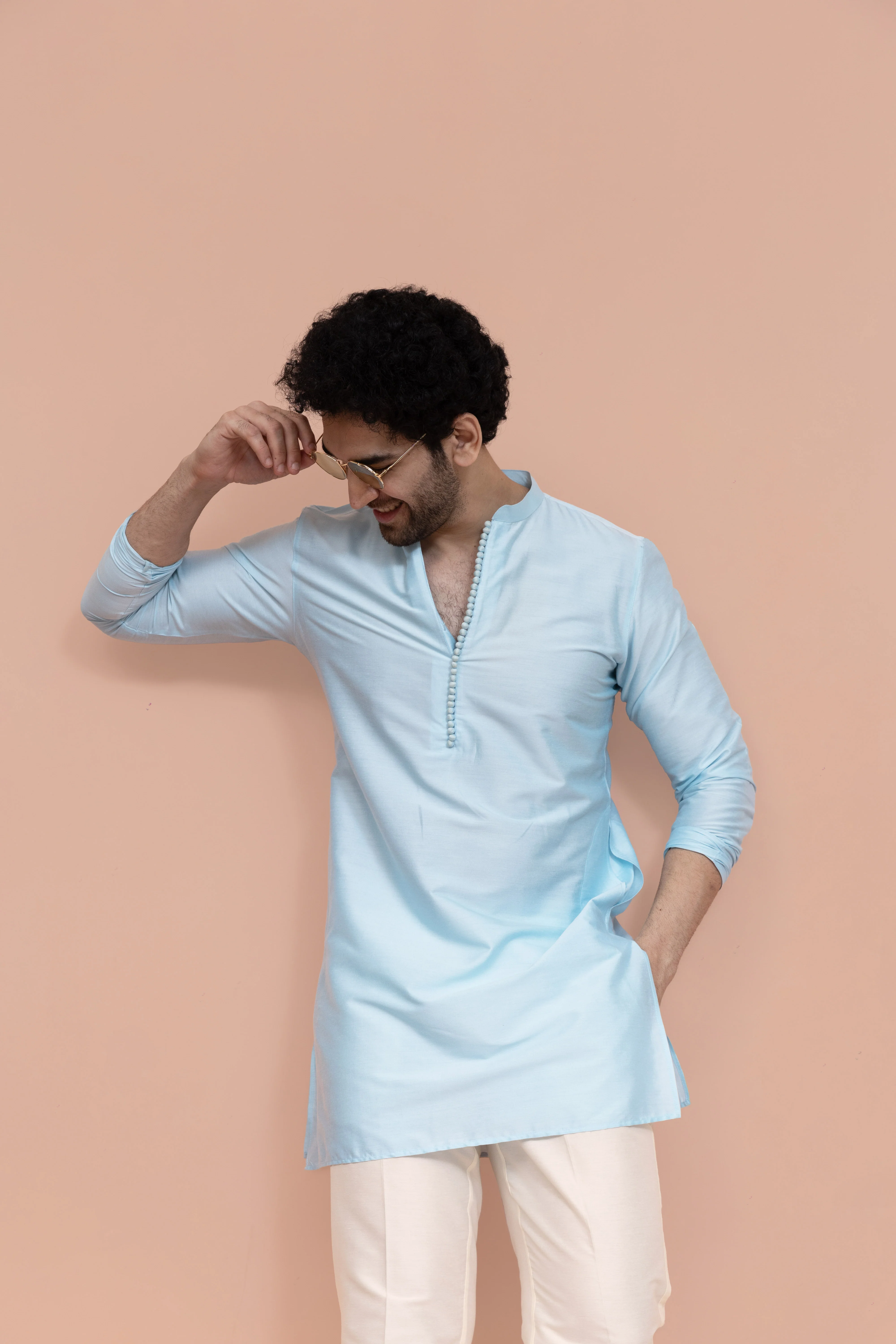 Men Blue Solid Mid Kurta Trouser Set - Image 7