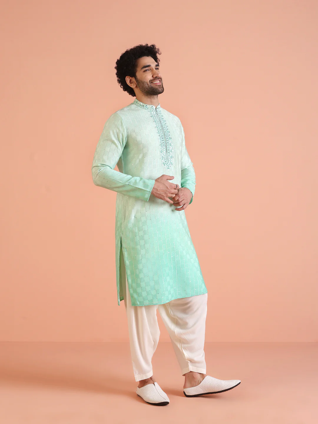 Men Ombre Embellished Mirror Work Kurta - Image 2