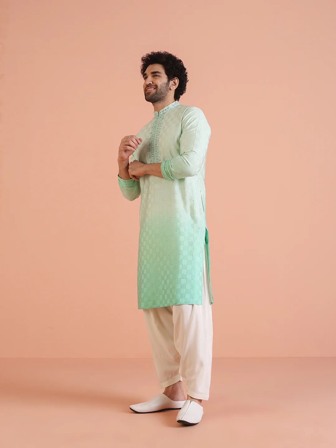 Men Ombre Embellished Mirror Work Kurta Patiyala Set - Image 3