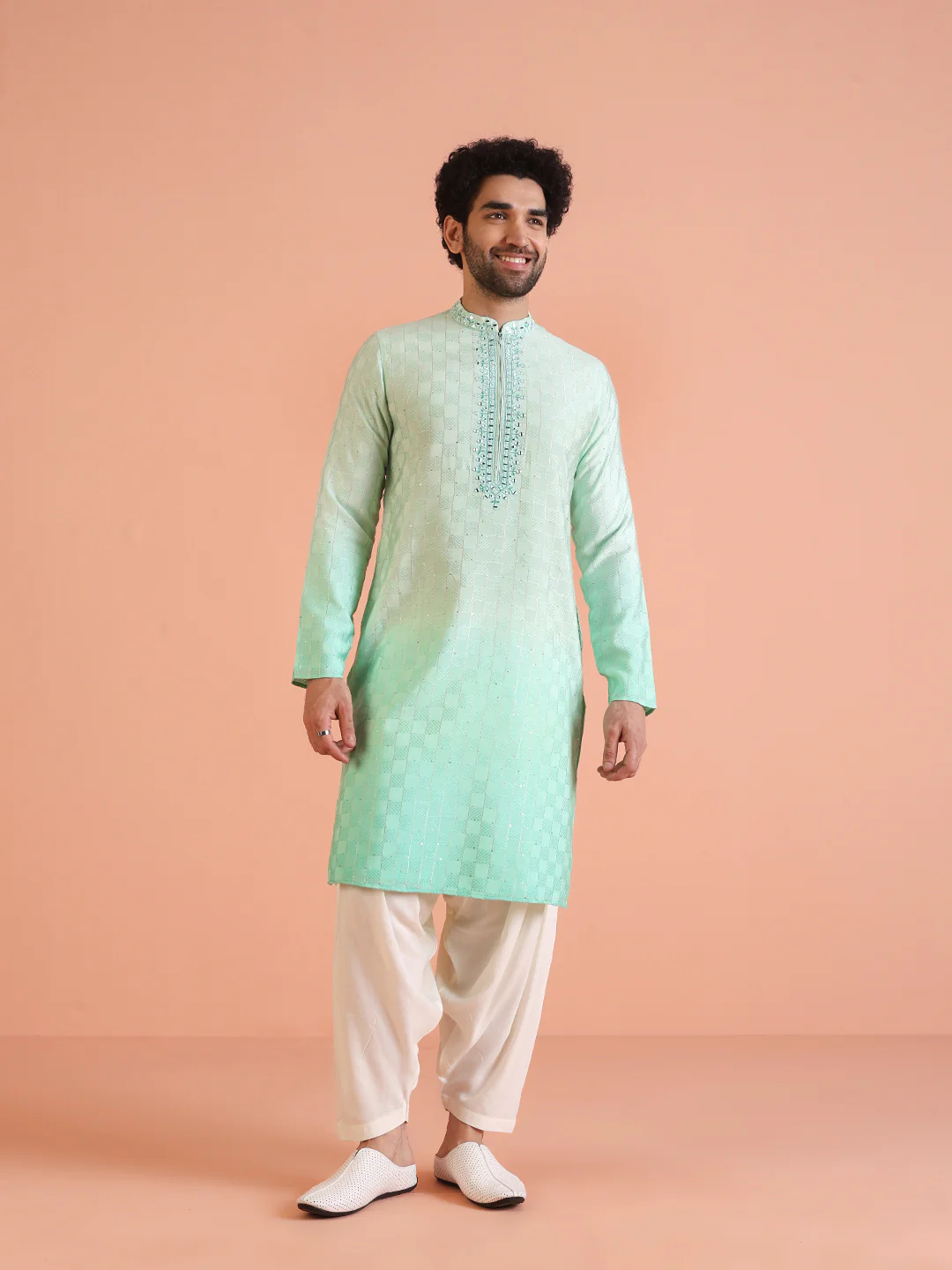 Men Ombre Embellished Mirror Work Kurta Patiyala Set - Image 8