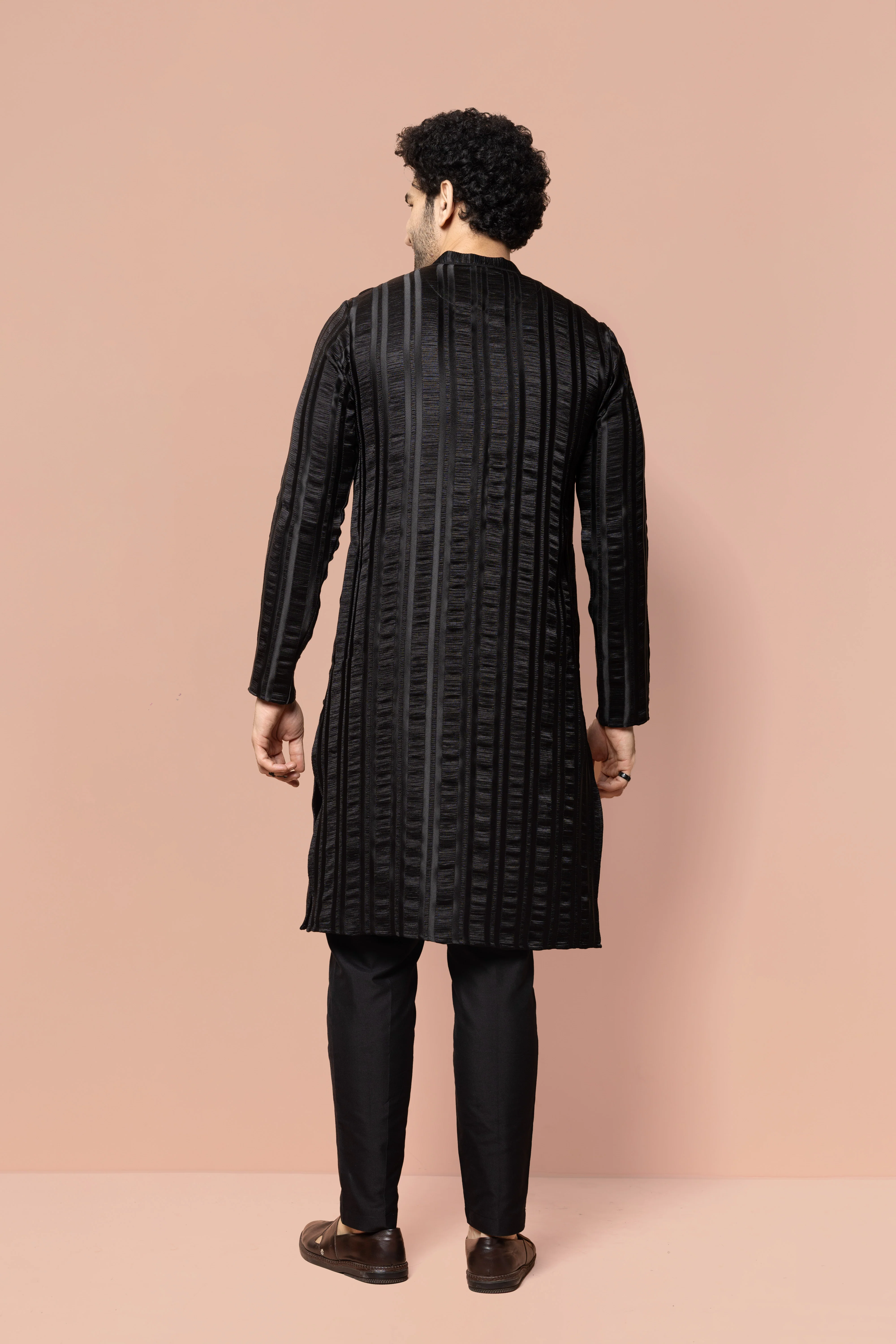 Men Black Self Design Woven Design Front Open Kurta - Image 4