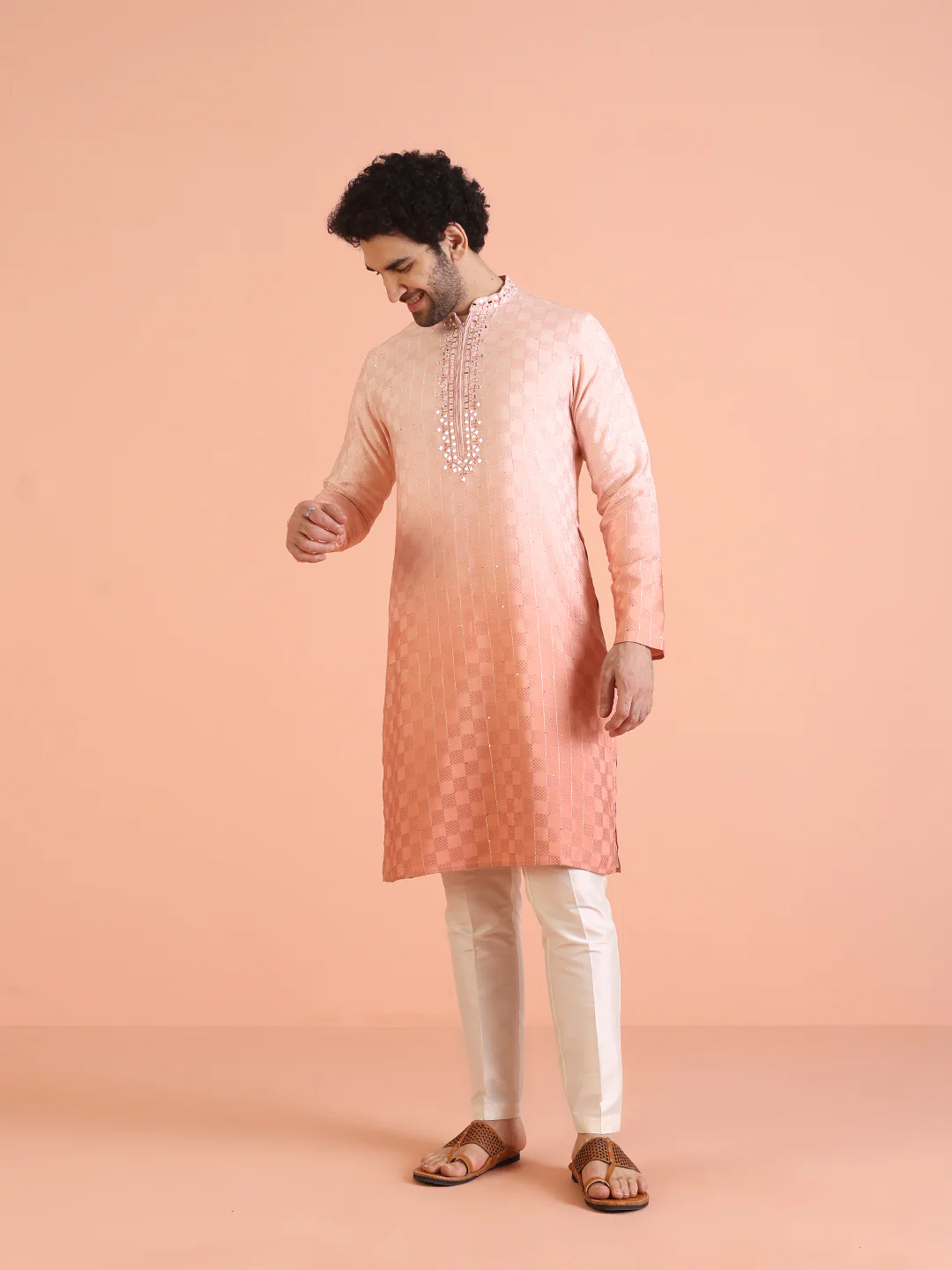 Men Ombre Embellished Mirror Work Kurta - Image 2