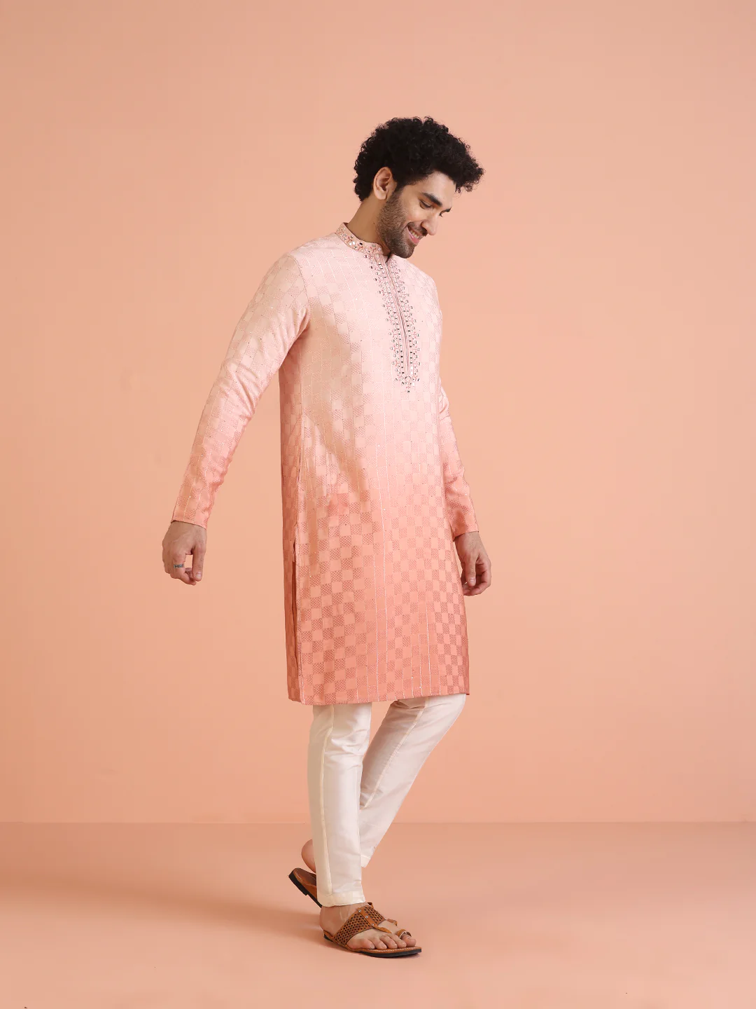 Men Ombre Embellished Mirror Work Kurta Trouser Set - Image 3