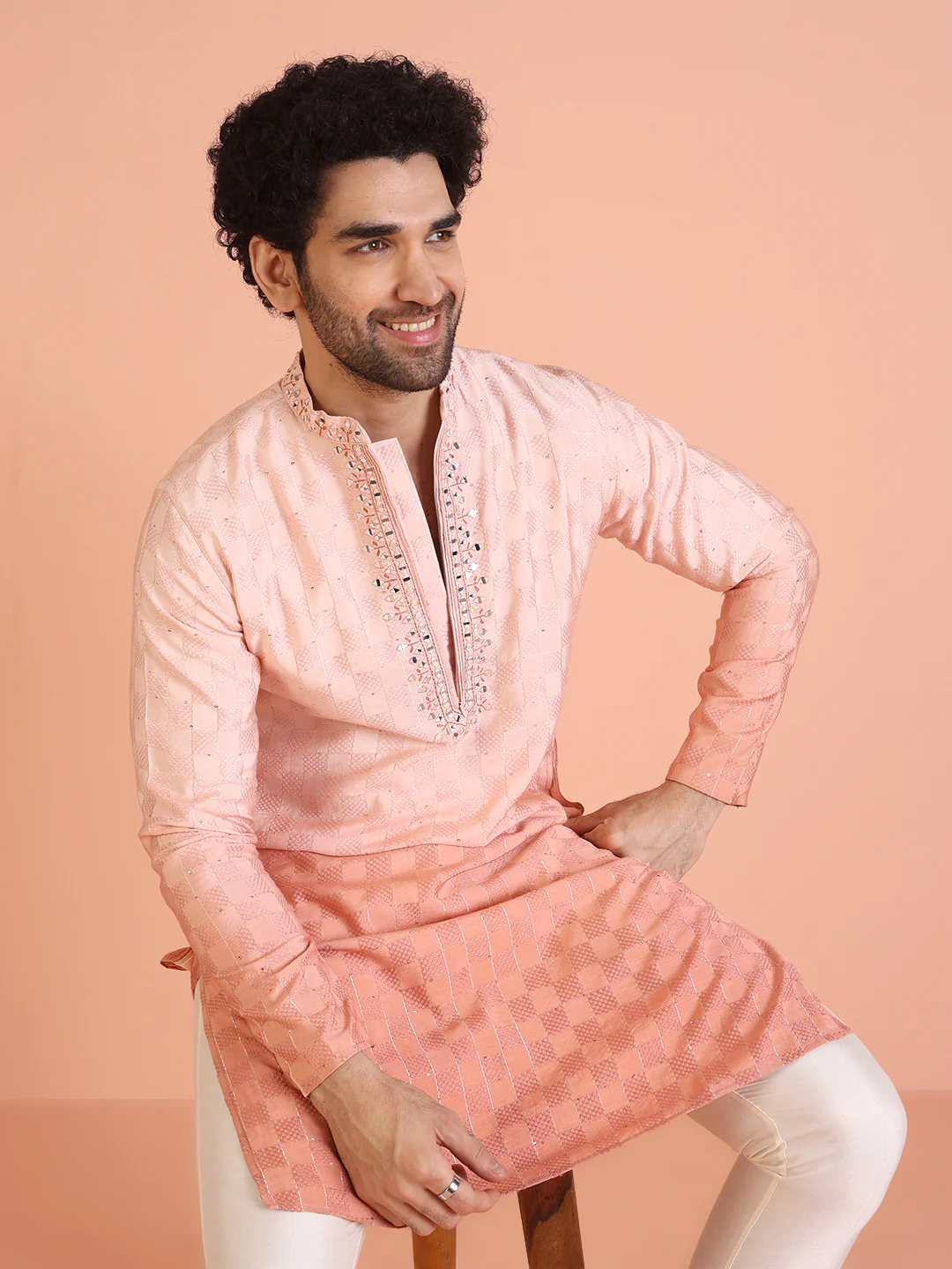 Men Ombre Embellished Mirror Work Kurta Trouser Set - Image 7