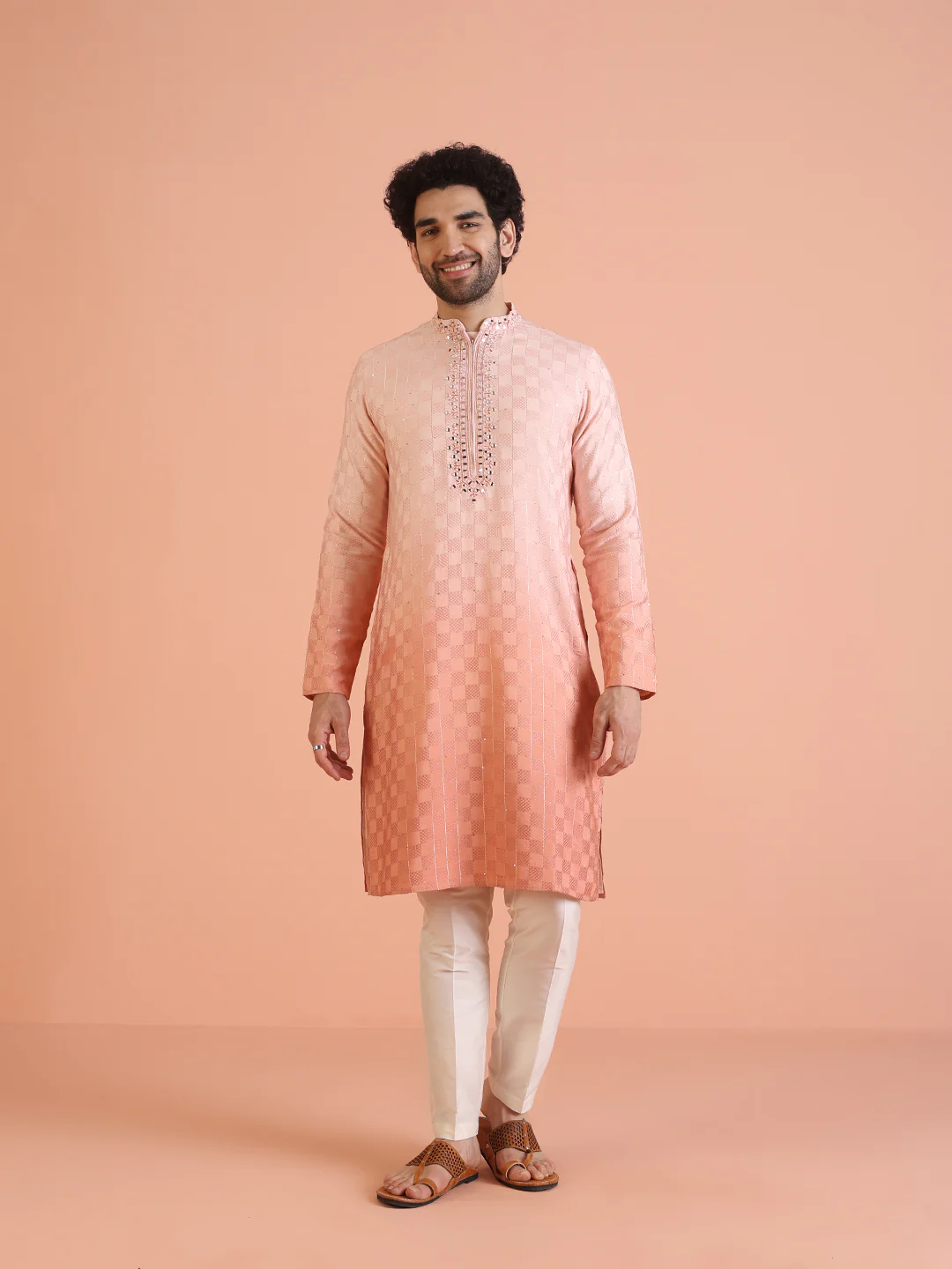 Men Ombre Embellished Mirror Work Kurta Trouser Set - Image 8