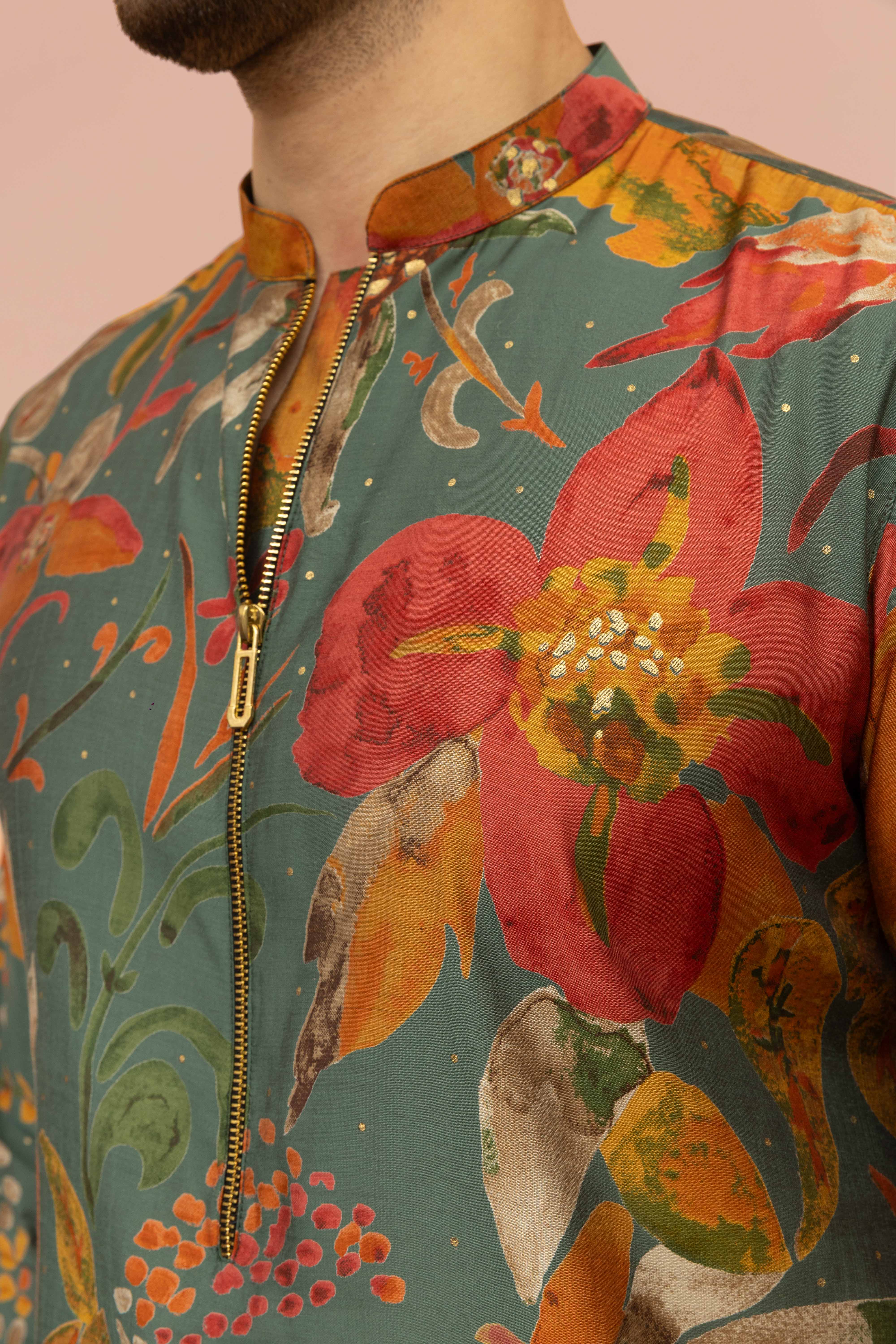 Men Multi Abstract Fluid Print Kurta Trouser Set - Image 5