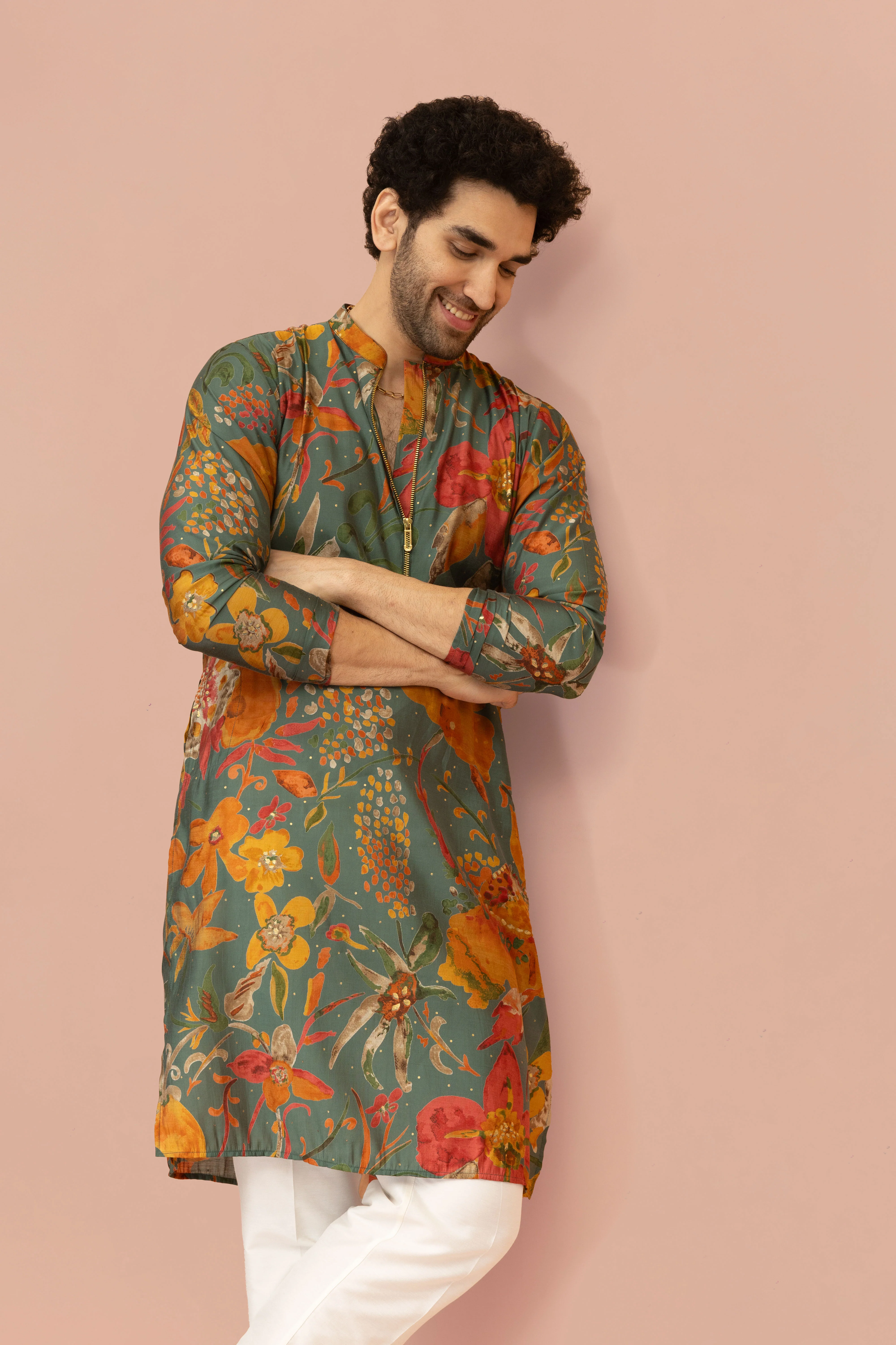 Men Multi Abstract Fluid Print Kurta Trouser Set - Image 7