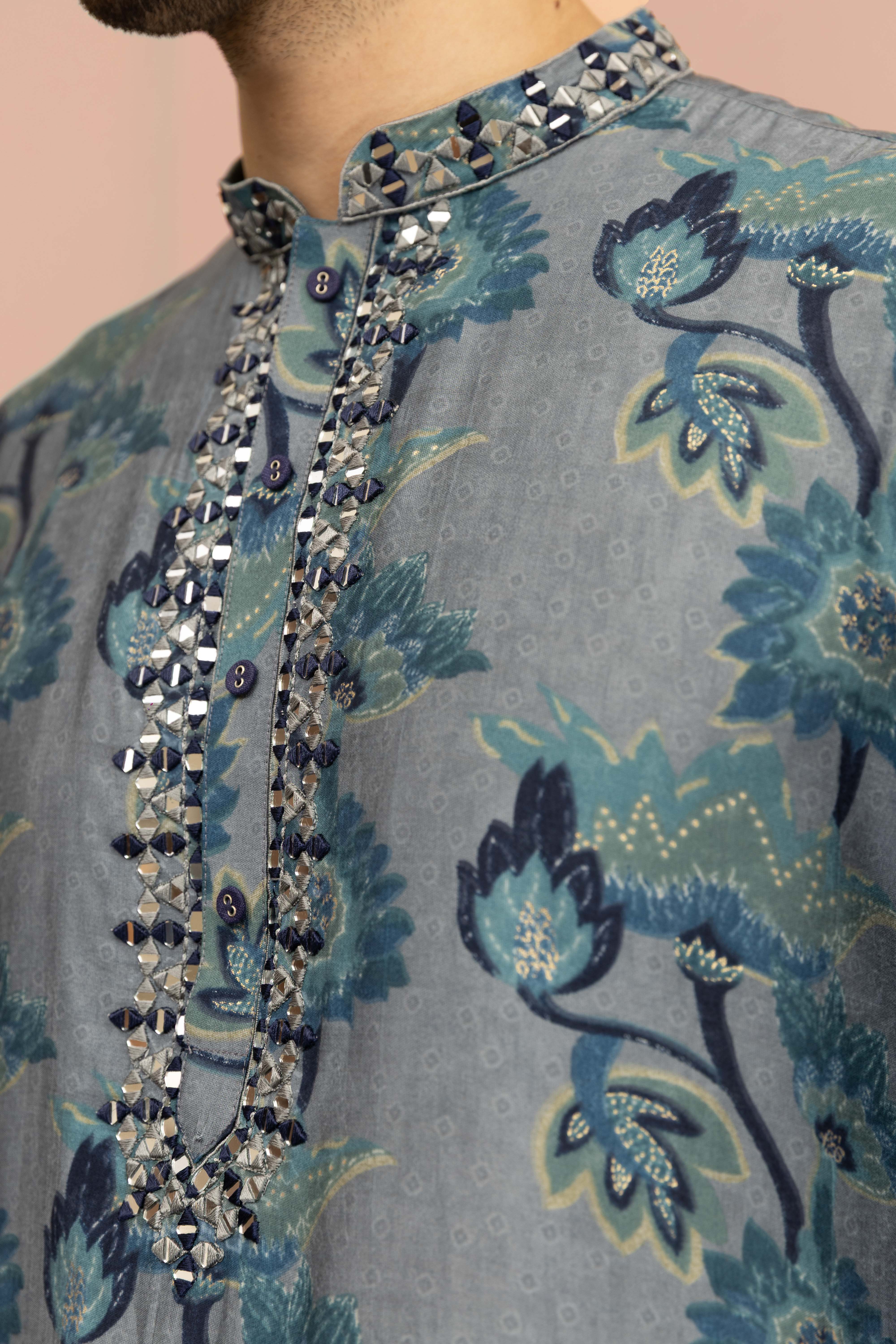 Men Navy Blue Floral Printed Kurta Trouser Set - Image 5