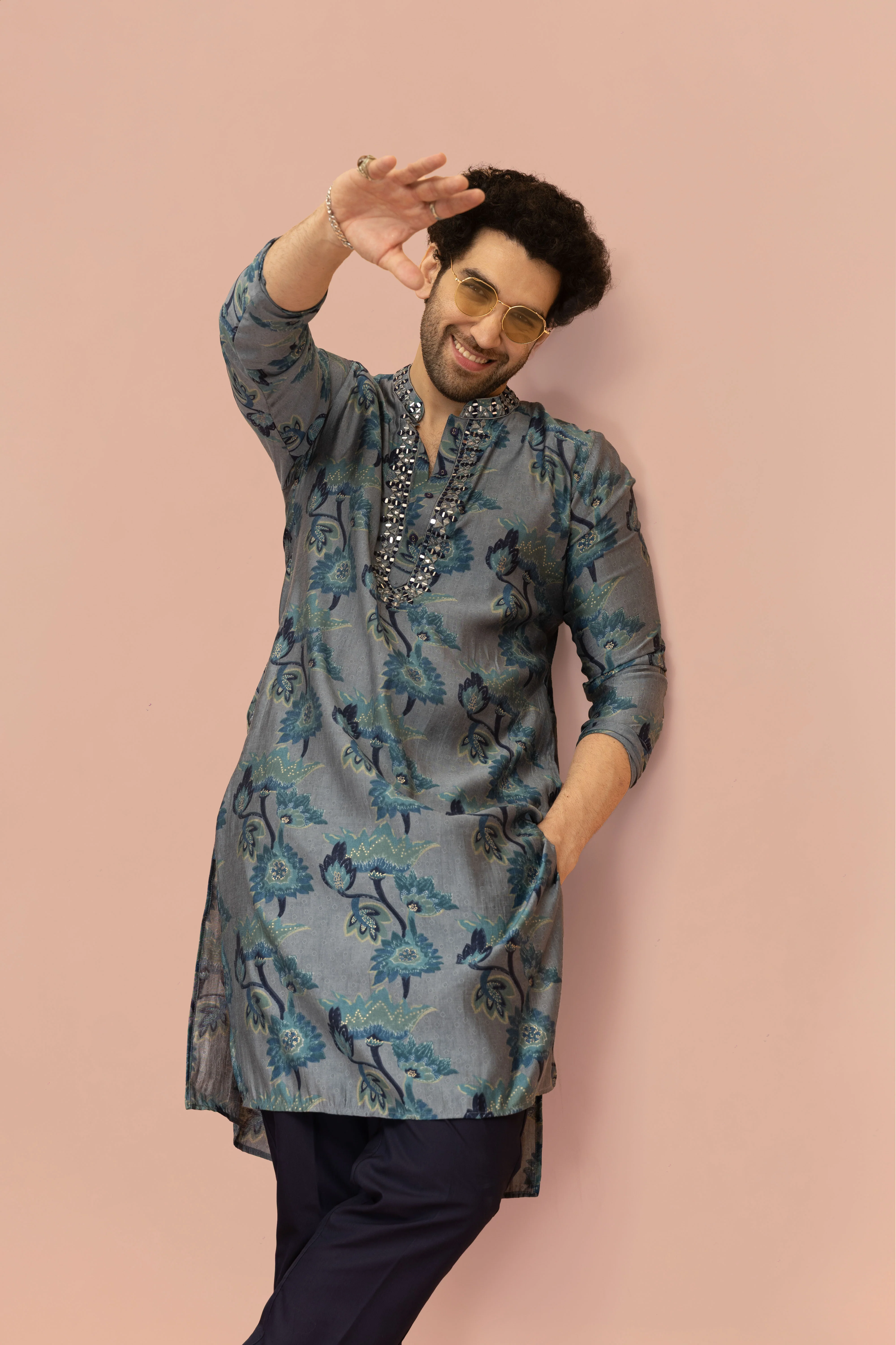Men Navy Blue Floral Printed Kurta Trouser Set - Image 7