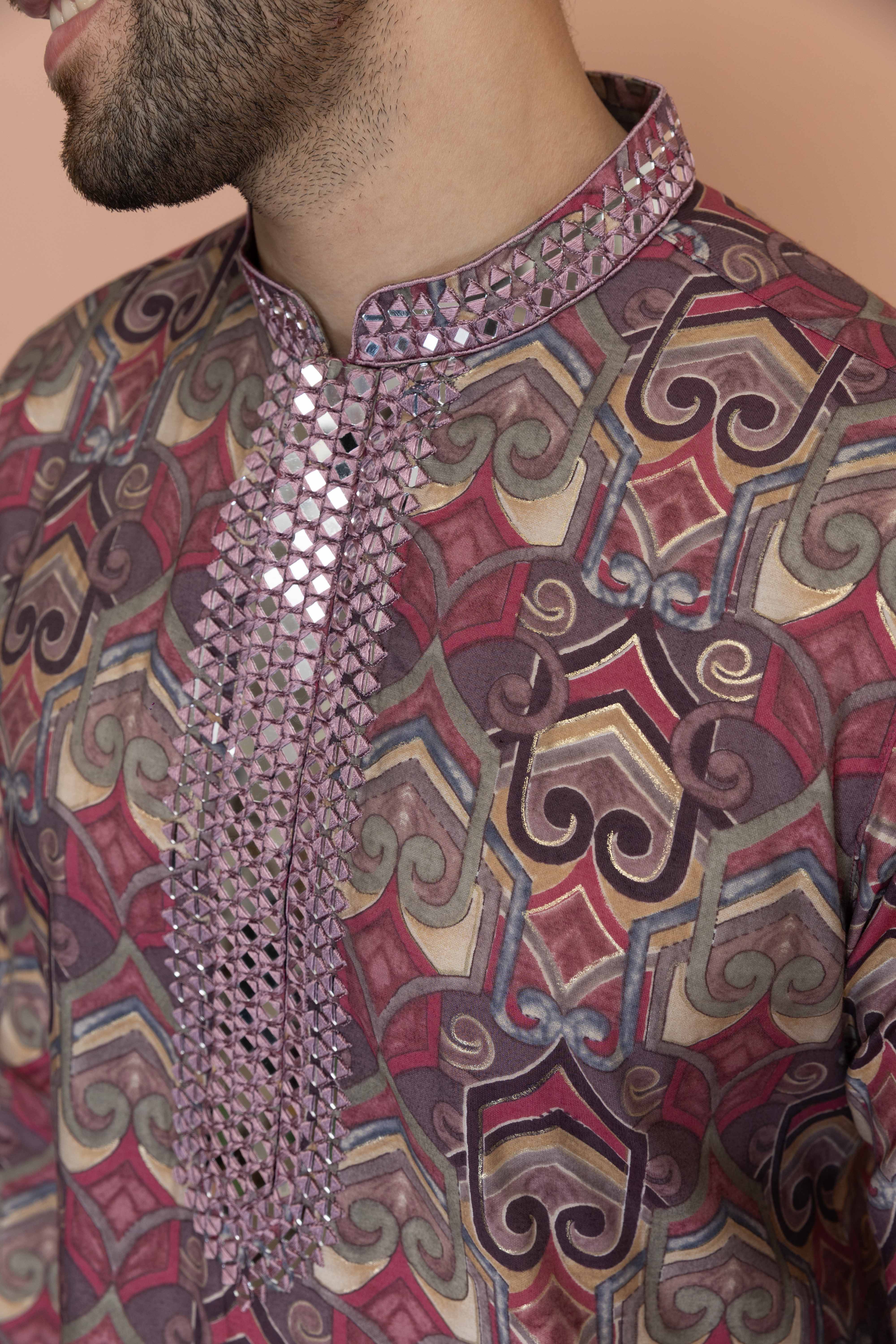 Men Mauve Printed Abstract Kurta - Image 5