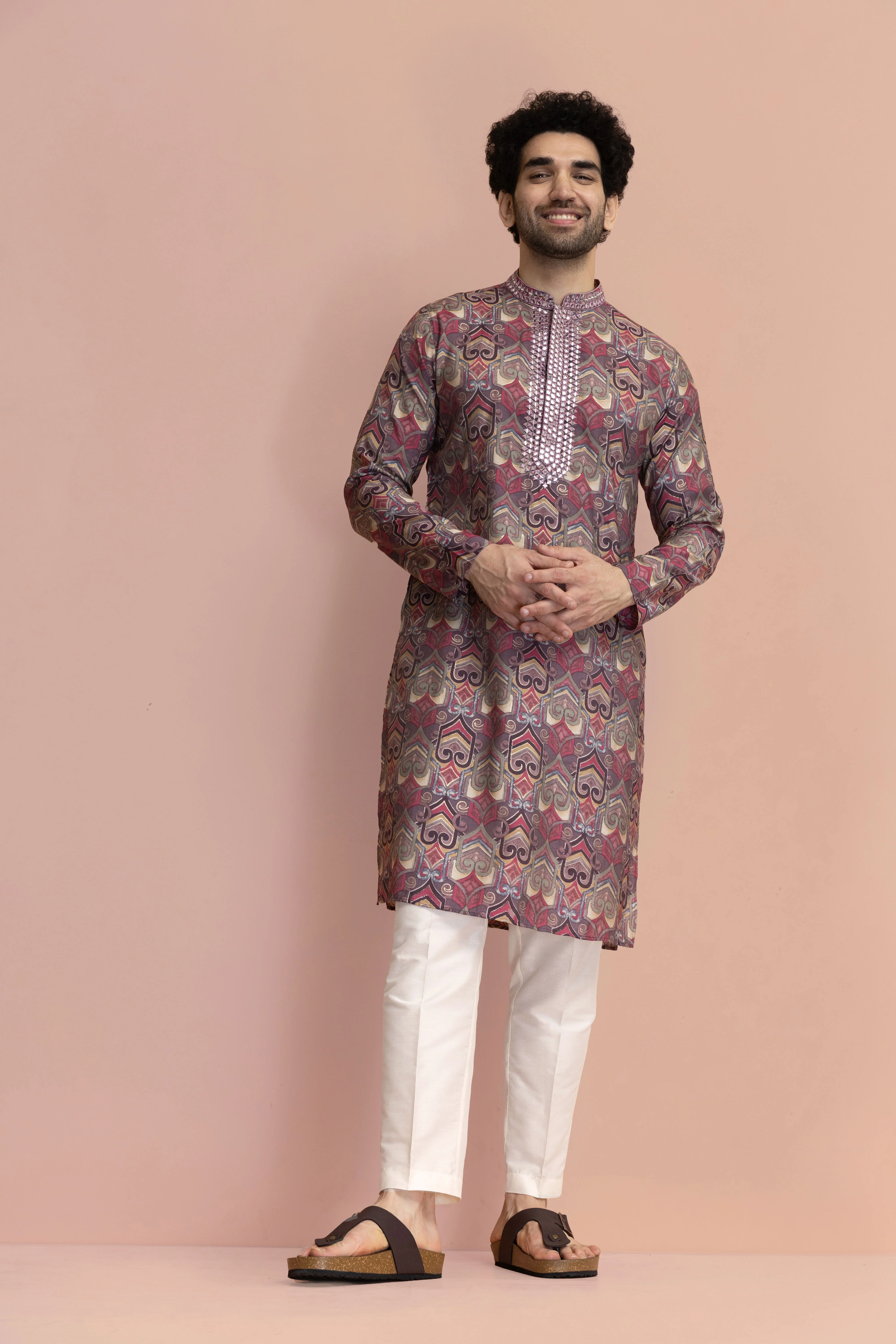 Men Mauve Printed Abstract Kurta - Image 6