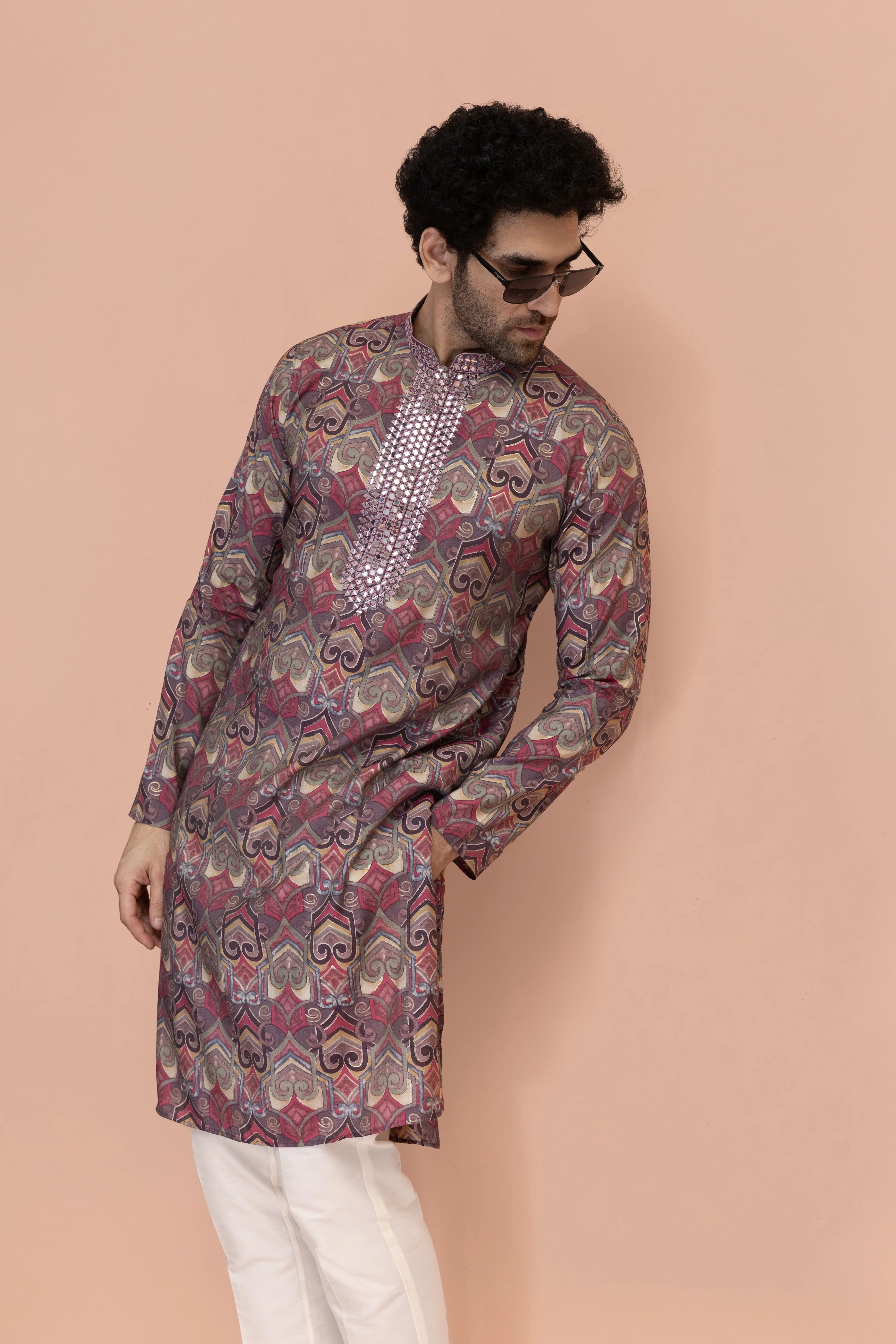 Men Mauve Abstract Printed Kurta Trouser Set - Image 7