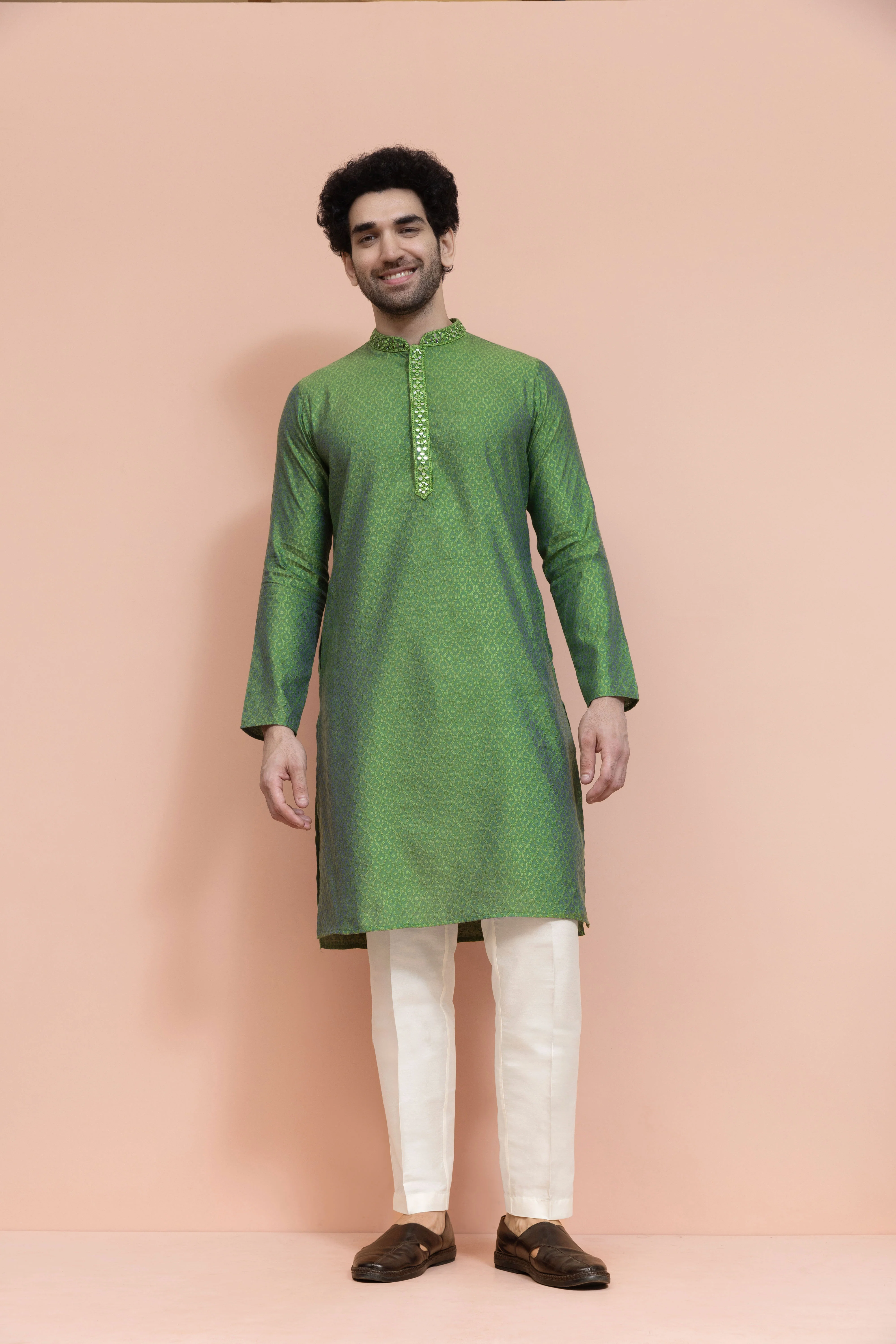 Men Green Ethnic Motifs Mirror work Kurta - Image 7