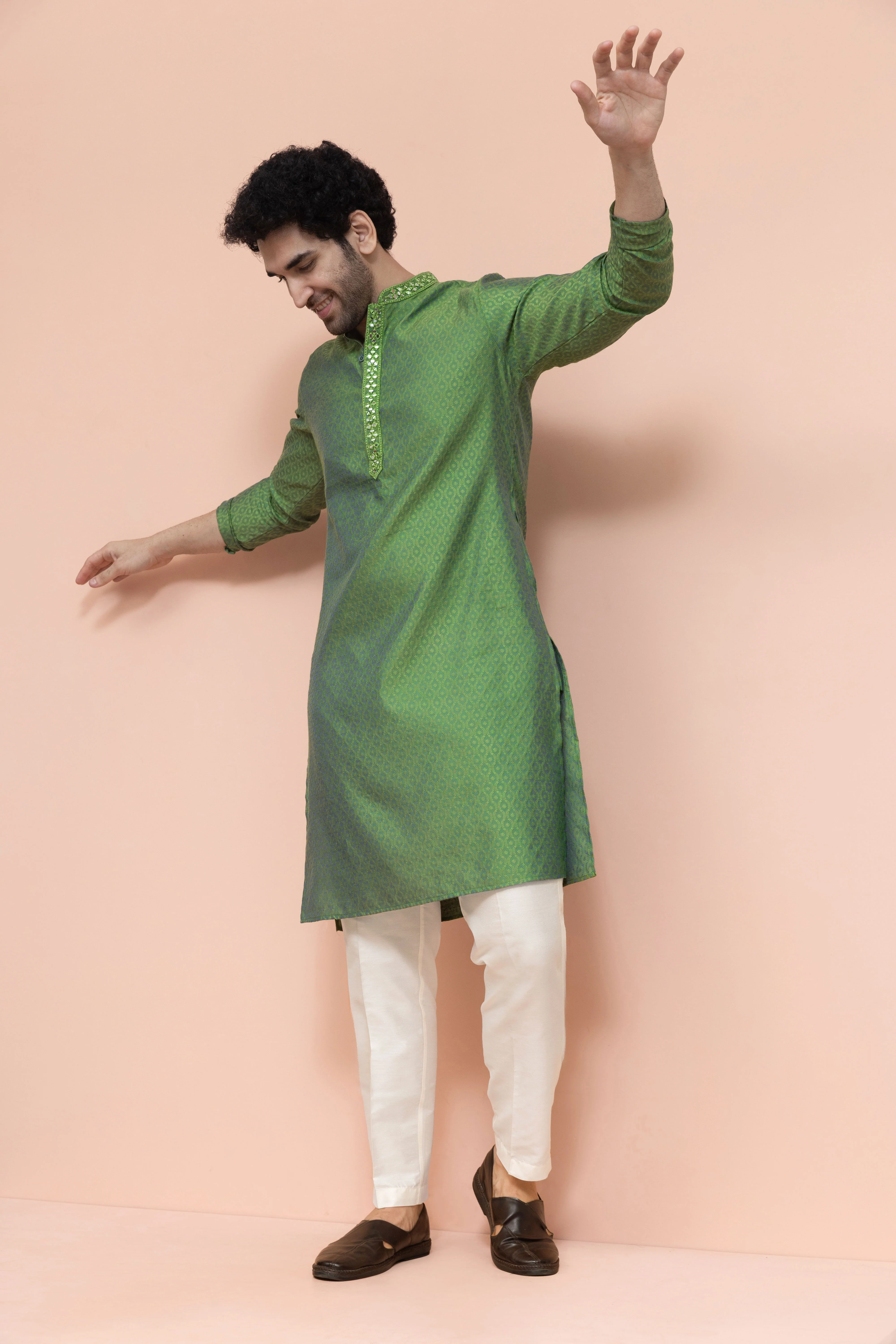 Men Green Ethnic Motifs Mirror work Kurta Trouser Set