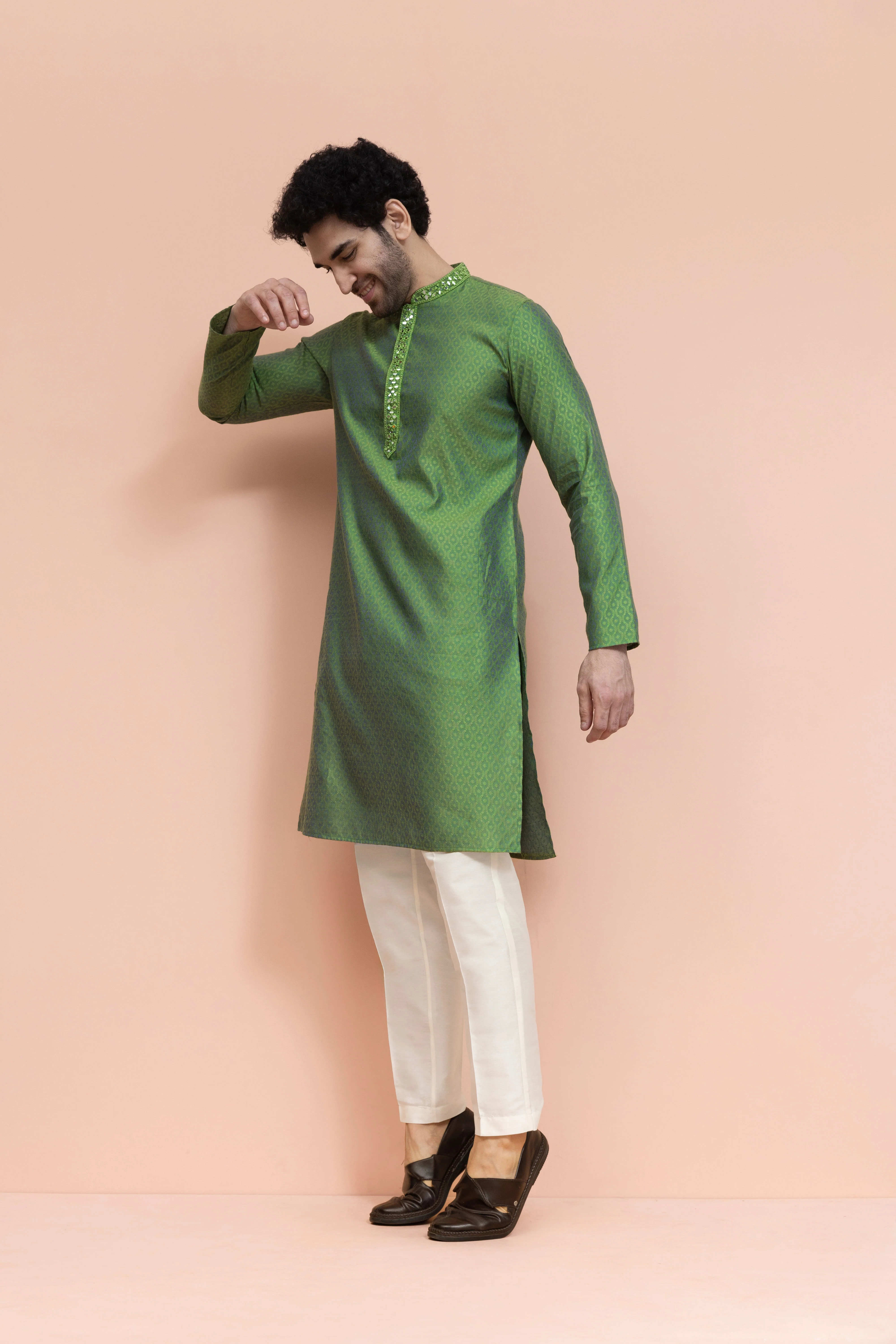 Men Green Ethnic Motifs Mirror work Kurta Trouser Set - Image 2