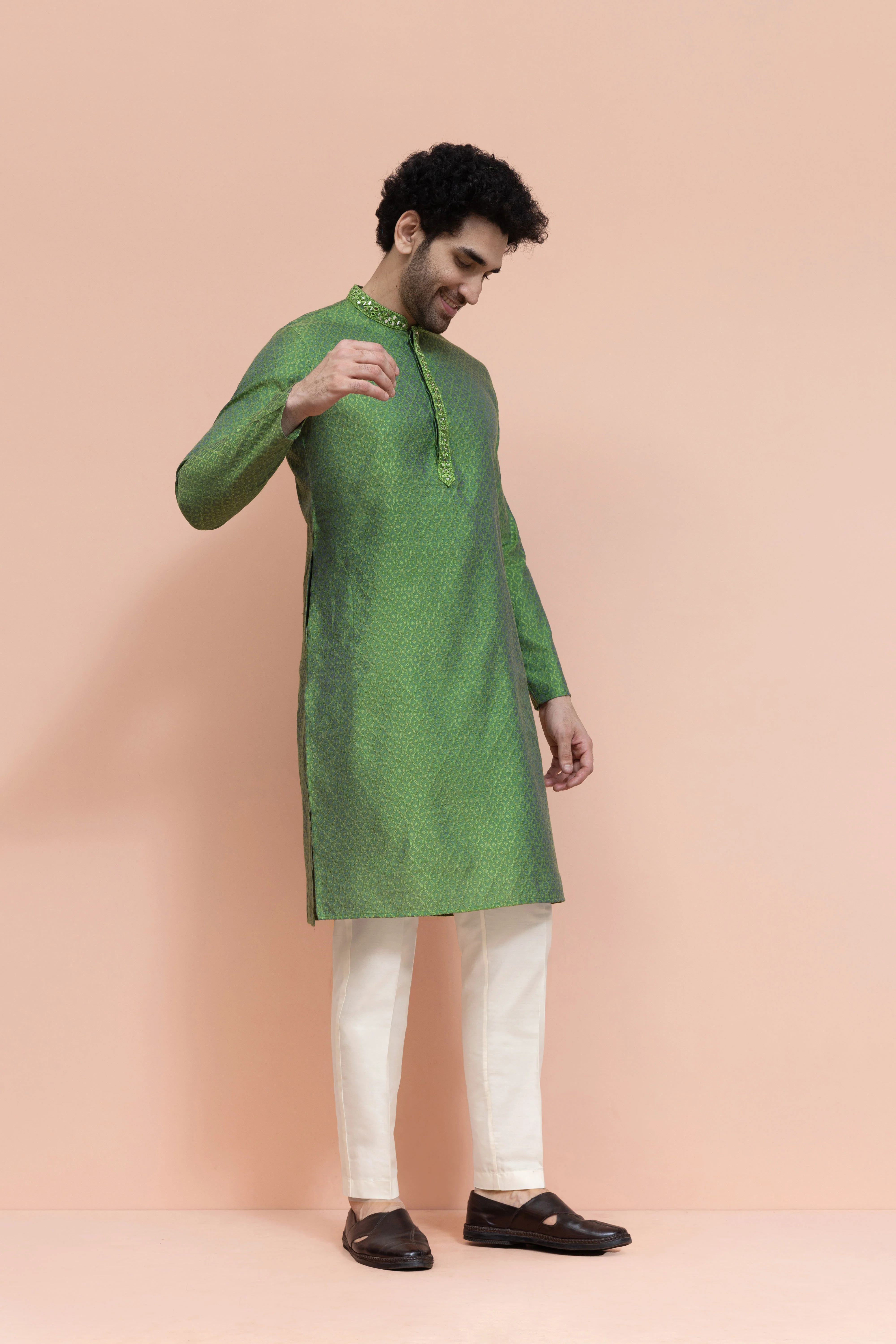 Men Green Ethnic Motifs Mirror work Kurta Trouser Set - Image 3