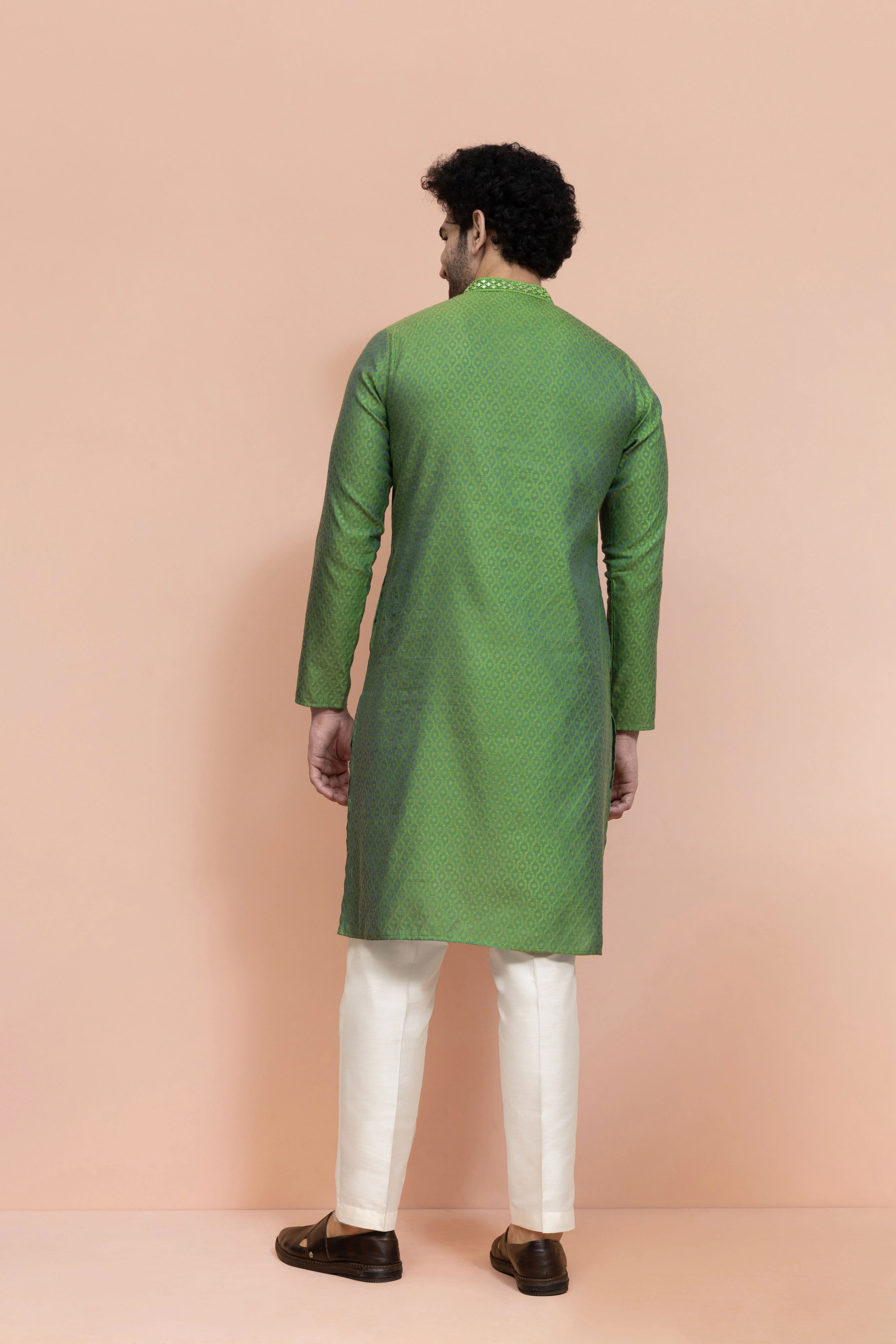 Men Green Ethnic Motifs Mirror work Kurta Trouser Set - Image 4